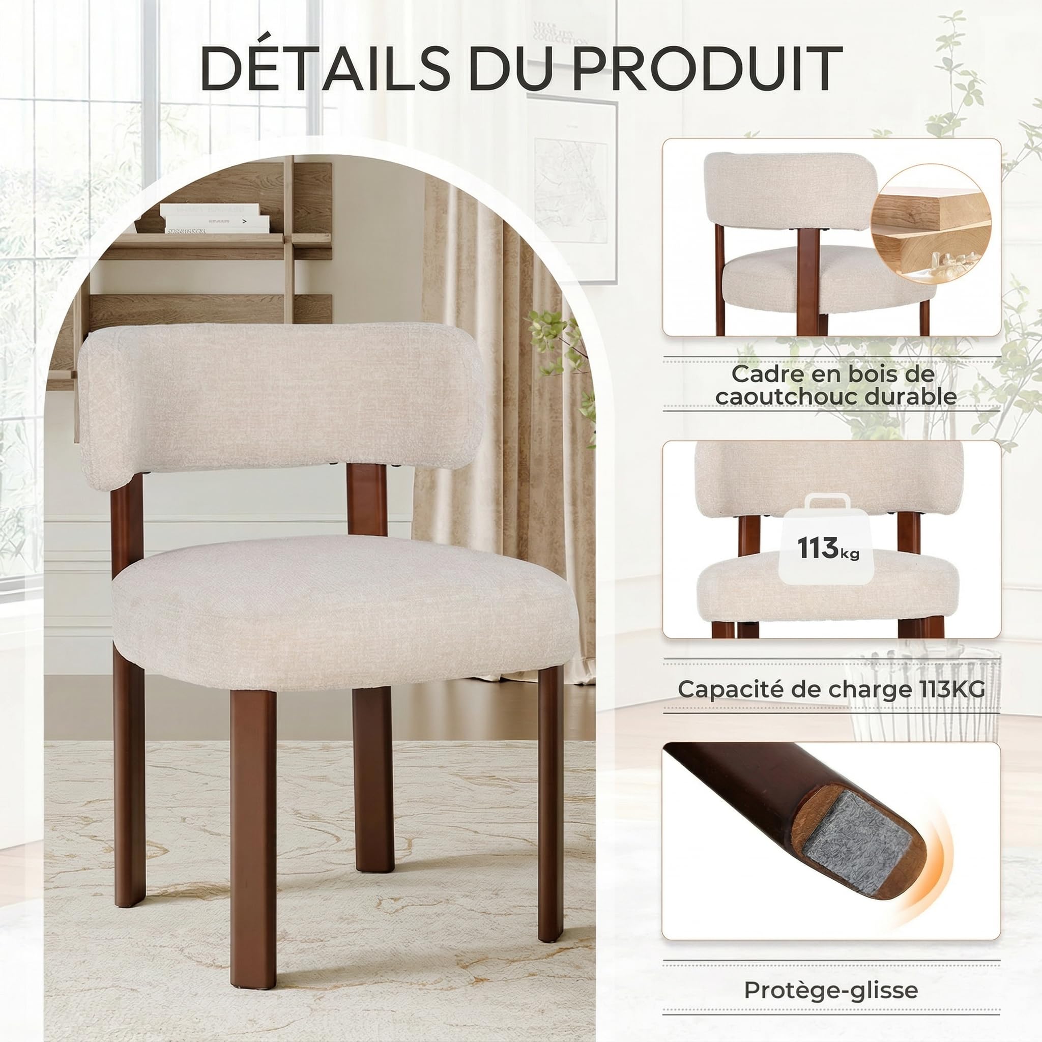 MALOL Lot de 4 chaises de Salle à Manger Design Moderne du Milieu du siècle, Style champêtre Vintage en Sherpa, dossiers incurvés Ouverts, pour Salle à Manger, Restaurant, Avoine