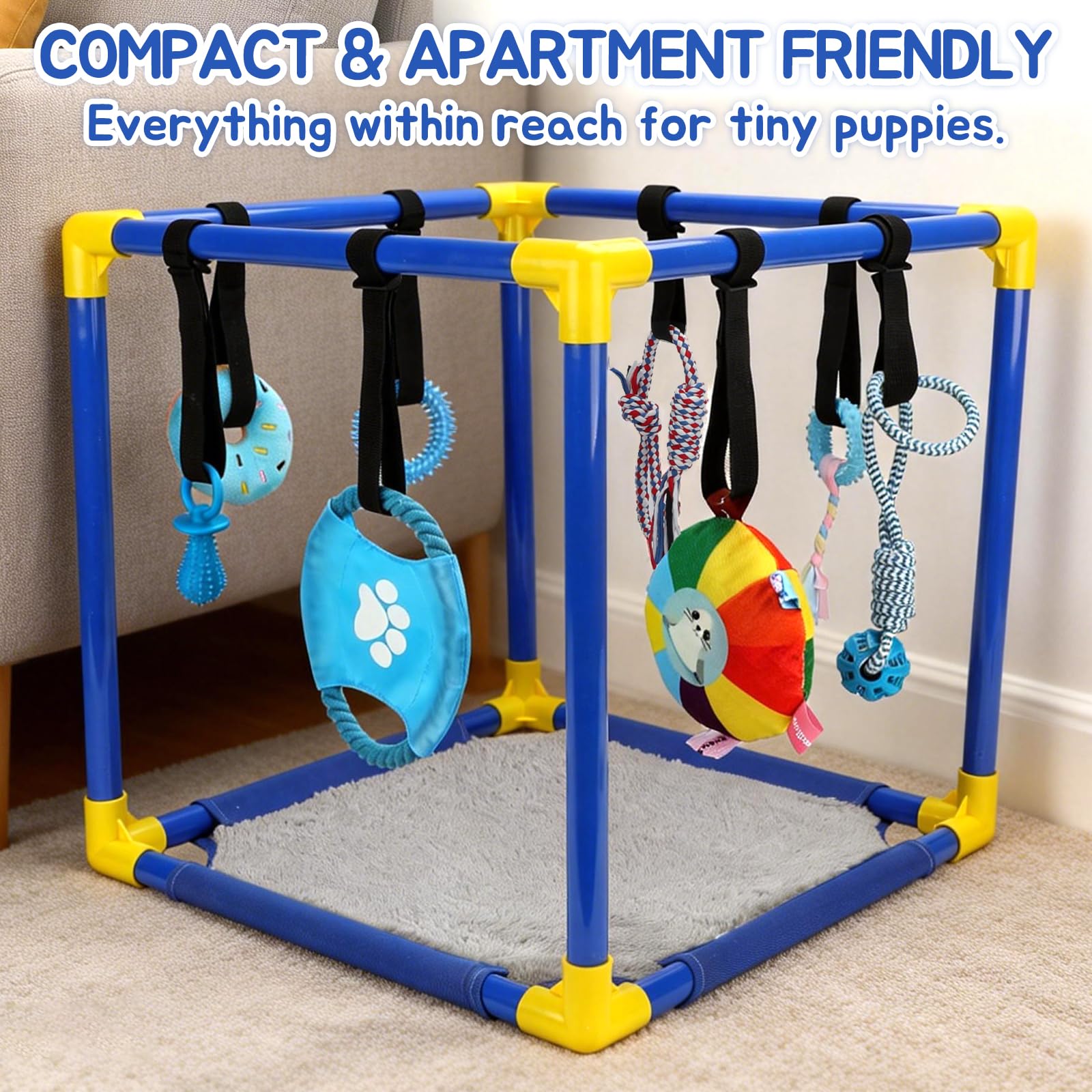 Welpenspielstudio mit 8 hängenden Spielzeugen und weicher, wendbarer Bodenmatte | Indoor Dog Active Gym mit verstellbaren Bungee-Gurten und PVC-Rahmen für Welpenzahnen, Zahnspielzeug & geistige Stimulation