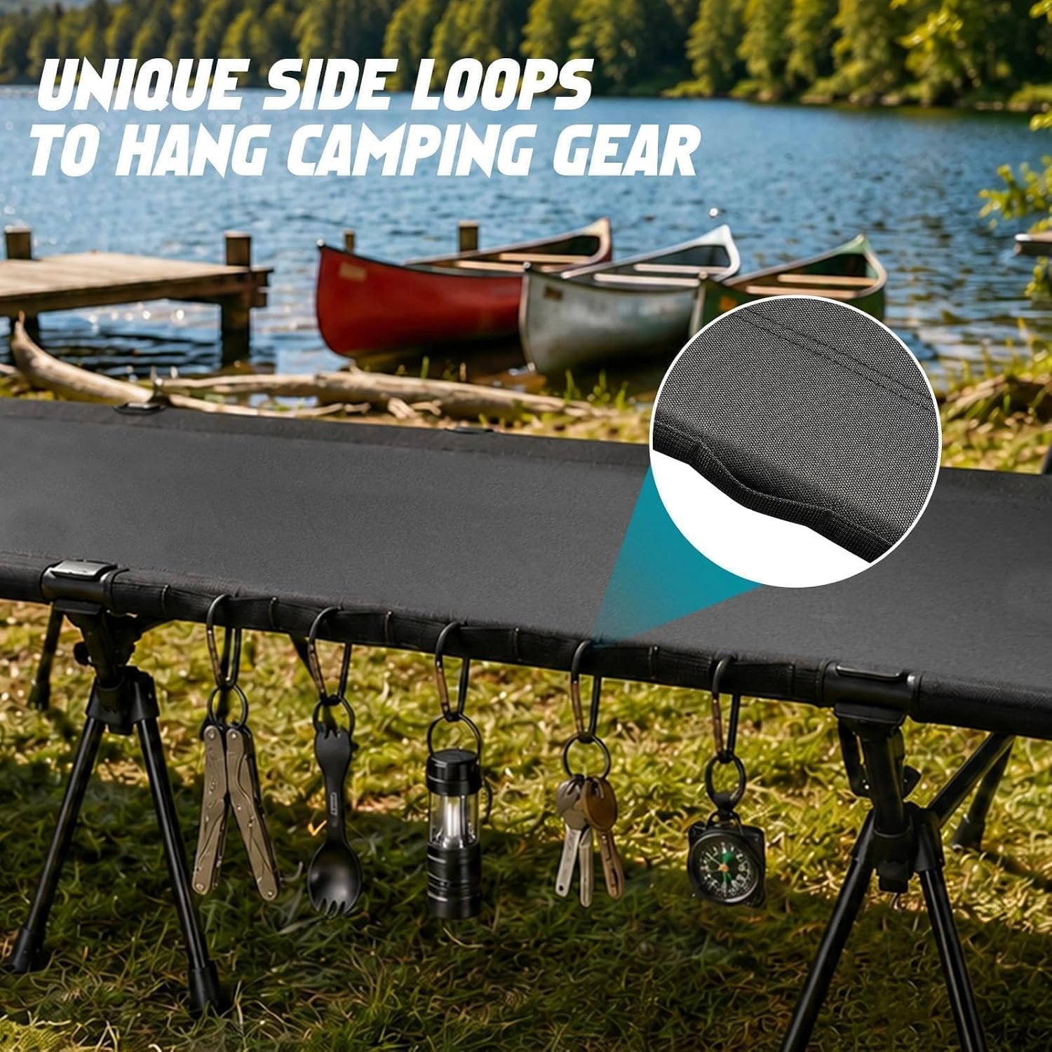 Backpacking Camping Cot - Silent Foot Pads & Sleeping Cots for Adults & Kids with Inflatable Pillow for Camping, Hiking, Lounging & Elevated Sleeping, 78" X 28" X 15" Comfortable Cot Bed - Black