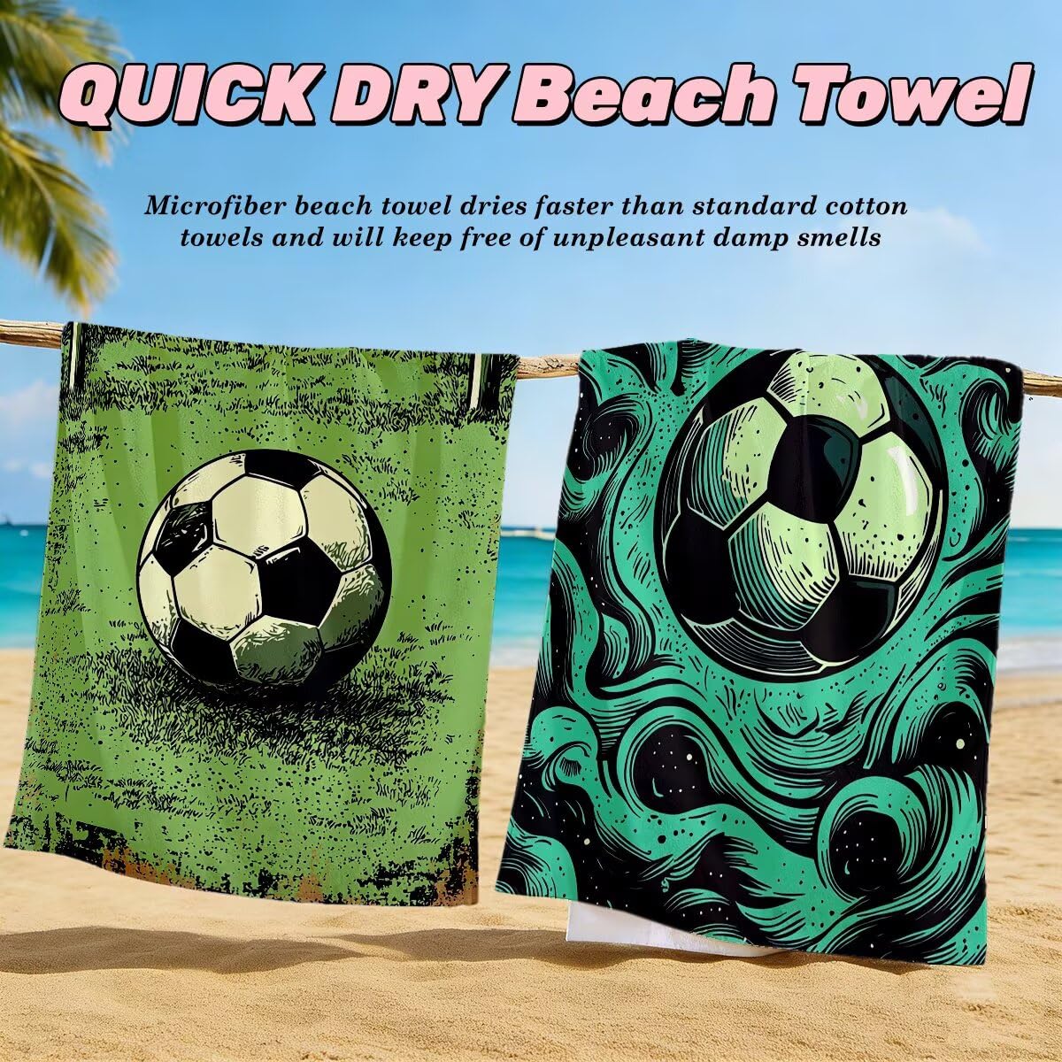 Ręcznik plażowy z mikrofibry, duży ręcznik plażowy 100 x 220 cm 2 sztuki, męski damski ręcznik gimnastyczny, odporny na piasek ręczniki plażowe, szybkoschnące ręczniki z mikrofibry do podróży (piłka
