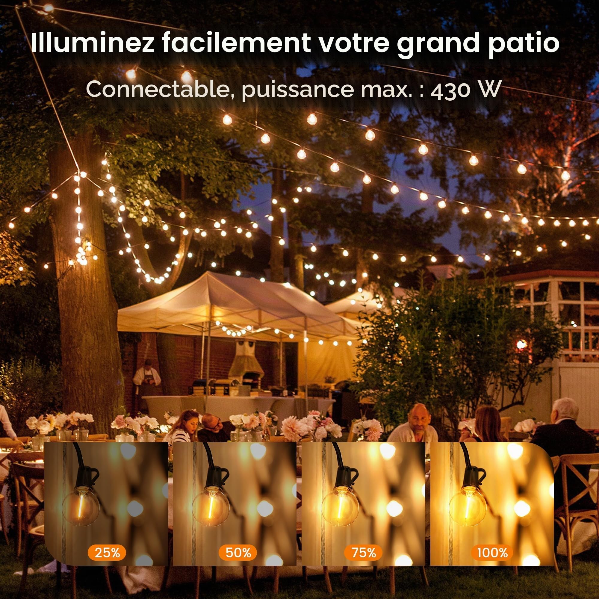 OHLUX Guirlande LED Extérieure 33m/110FT, 52 Ampoules G40 (2 de Rechange) 2200K Blanc Chaud, IP65 Etanche Extensible, Classe Énergétique F, UKCA/CE, pour Terrasse Jardin Fêtes Mariages