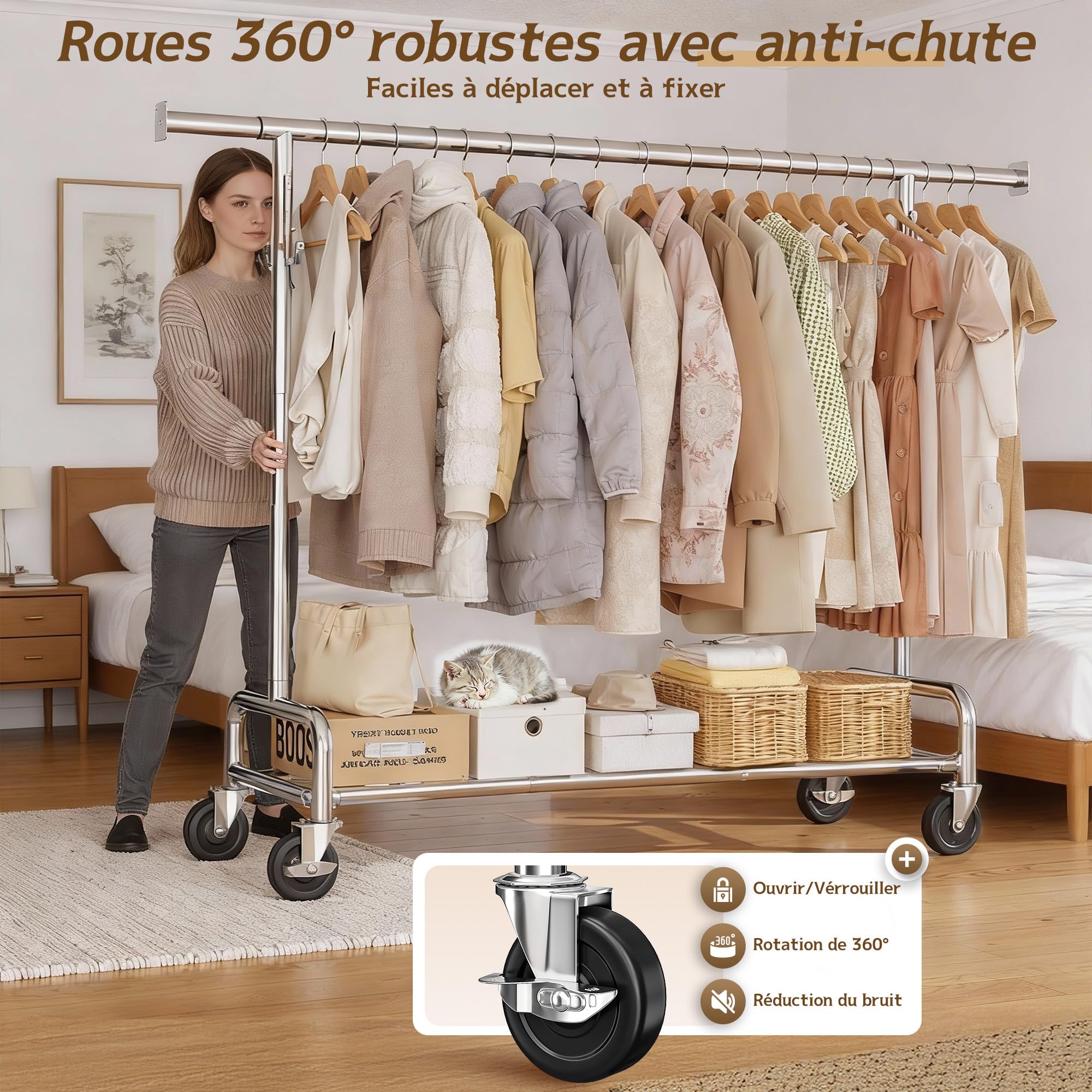 131–189cm Extensible Portant Vetement Solide à Roulettes, Argenté | 140KG Capacité de Charge, 146-170cm réglable en hauteur, Portant a Vetements Convient pour Manteaux,Vestes d'hiver,Chemises
