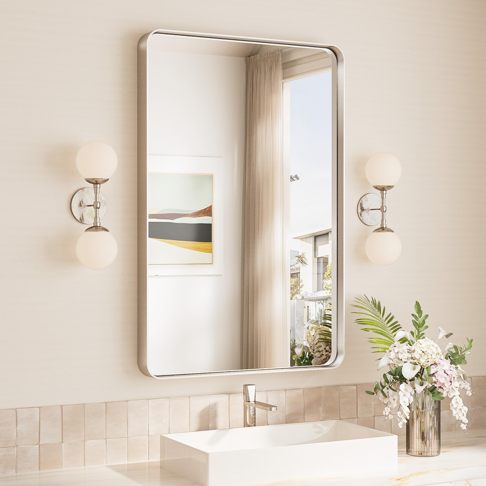 TokeShimi 24x36 Brushed Nickel Bathroom Wall Mirror Vanity Metal Frame Round Corner Rectangular for Home Decor Living Room Entryway (Horizontal/Vertical)