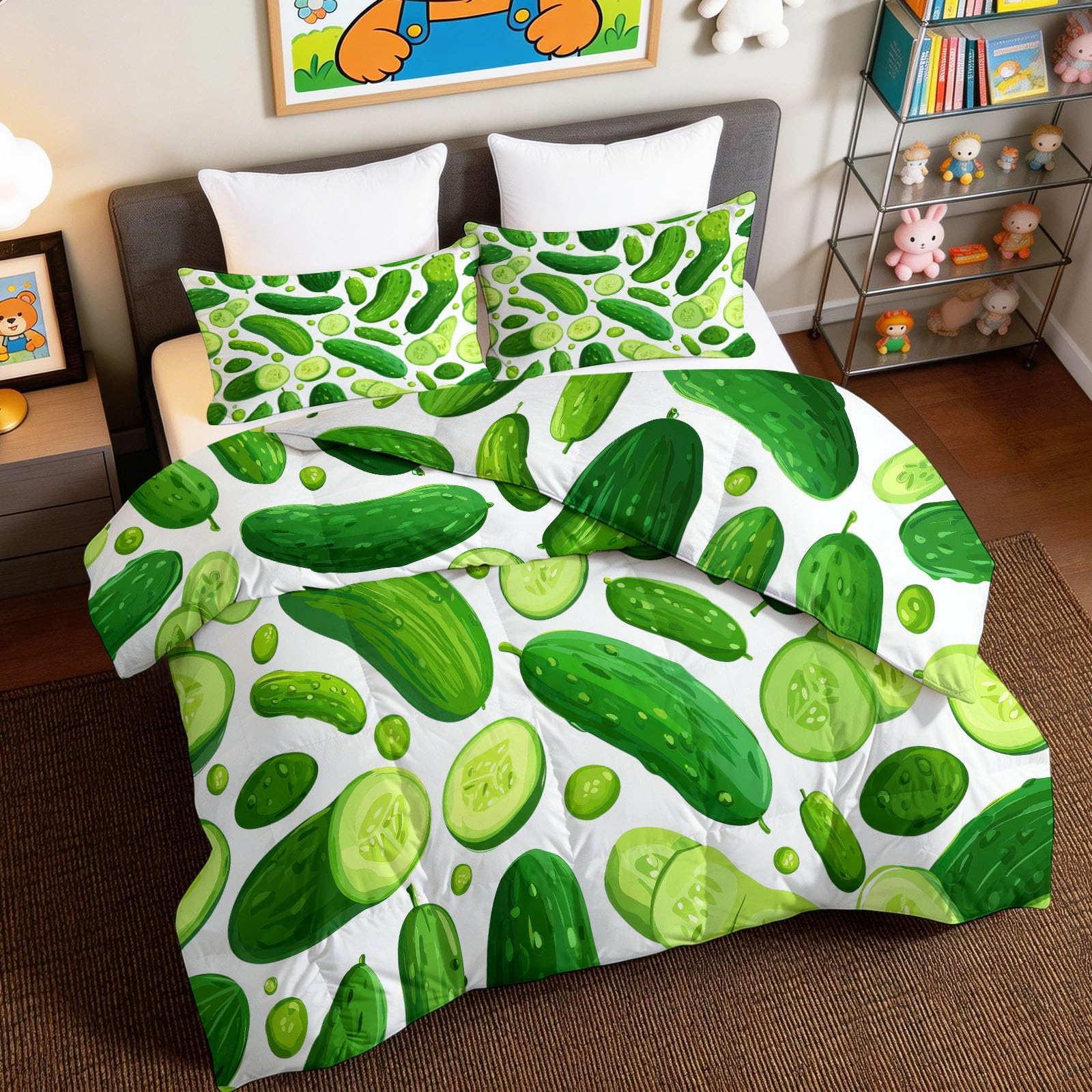 Générique Piumino lavabile per bambini, 200 x 200 cm, bianco cartone animato, verdura, cetriolo 4 stagioni, per letto matrimoniale, piumino reversibile leggero, senza coperte e 2 federe 65 x 65 cm