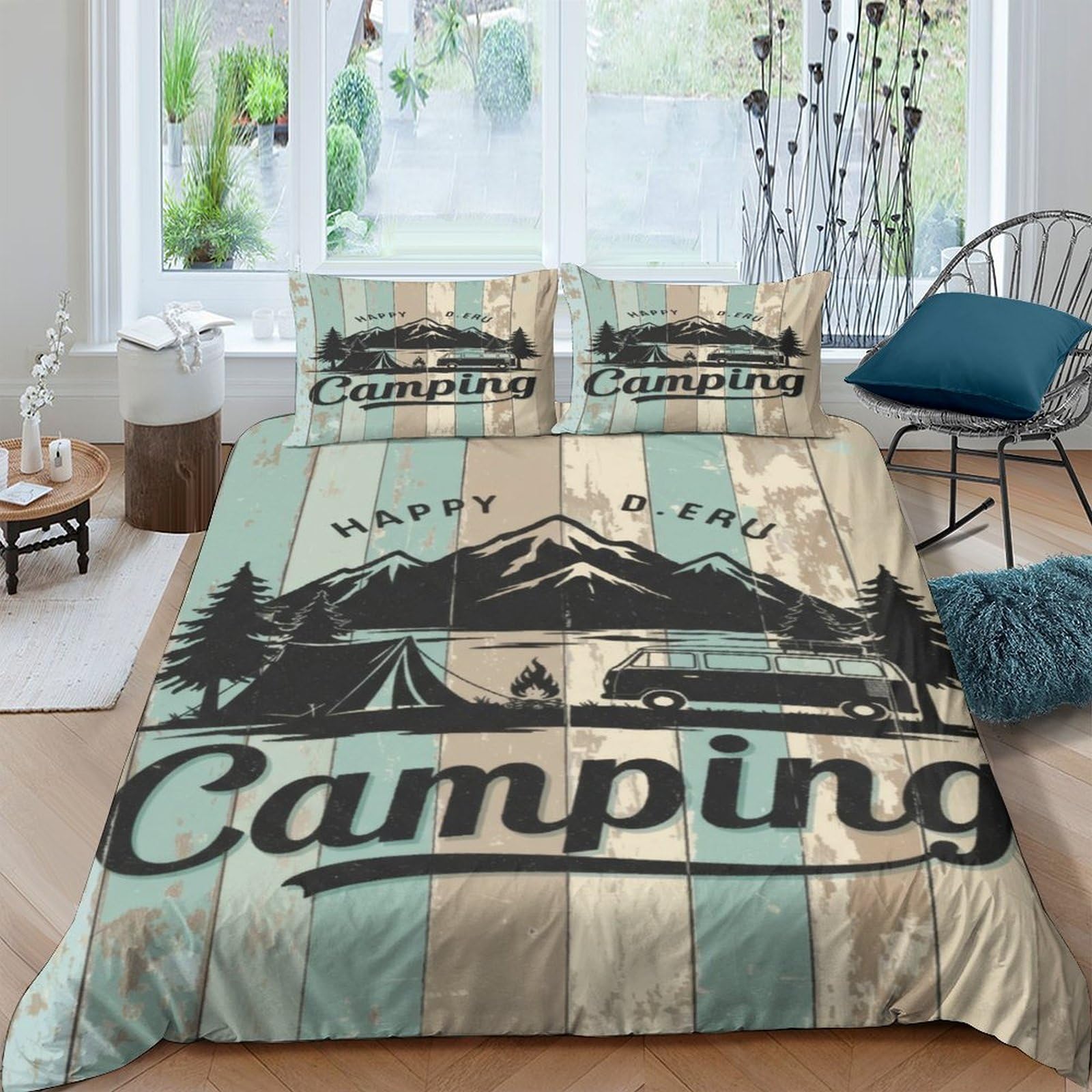 TUFRTGYHN 3D Printed Vintage Camping Duvet Cover Microfiber Soft Breathable Forest Adventure Bedding Set with 2 Pillowcases for Bedroom Decor Single（135x200cm）