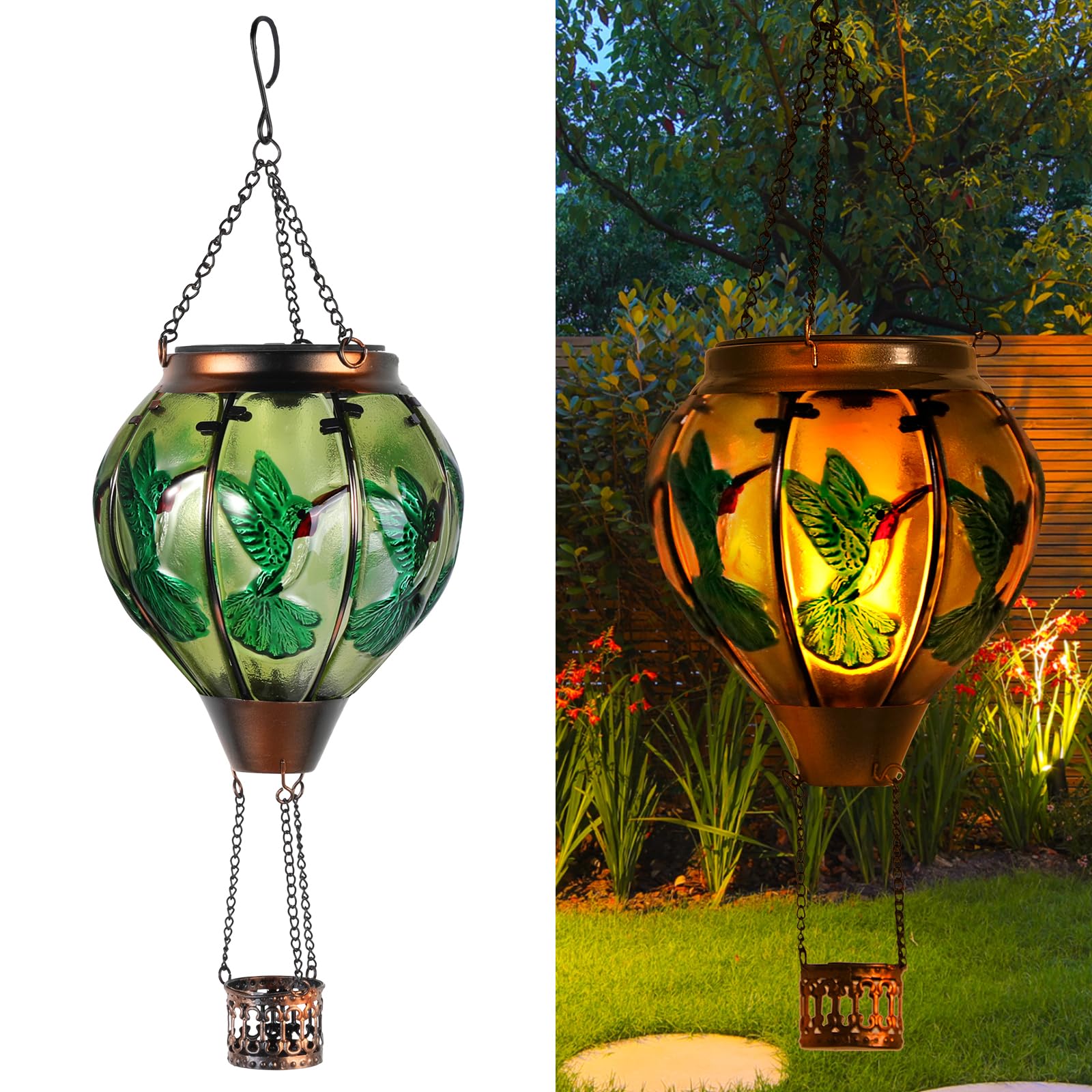 LarekookSolar Hot Air Balloon - Solar Lanterns Outdoor Hanging Waterproof for Garden Yard Patio Farmhouse Decoration，Stained Glass Hummingbird