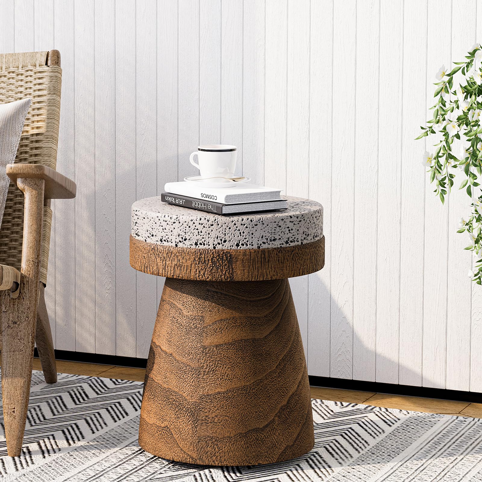SUNBURY Outdoor Side Table, 14" Small Outdoor End Table, Graphite Patchwork Faux Wood Patio Side Tables, Round Outdoor Concrete Side Tables, Garden Stool Plant Stand for Living Room, Deck (Brown)