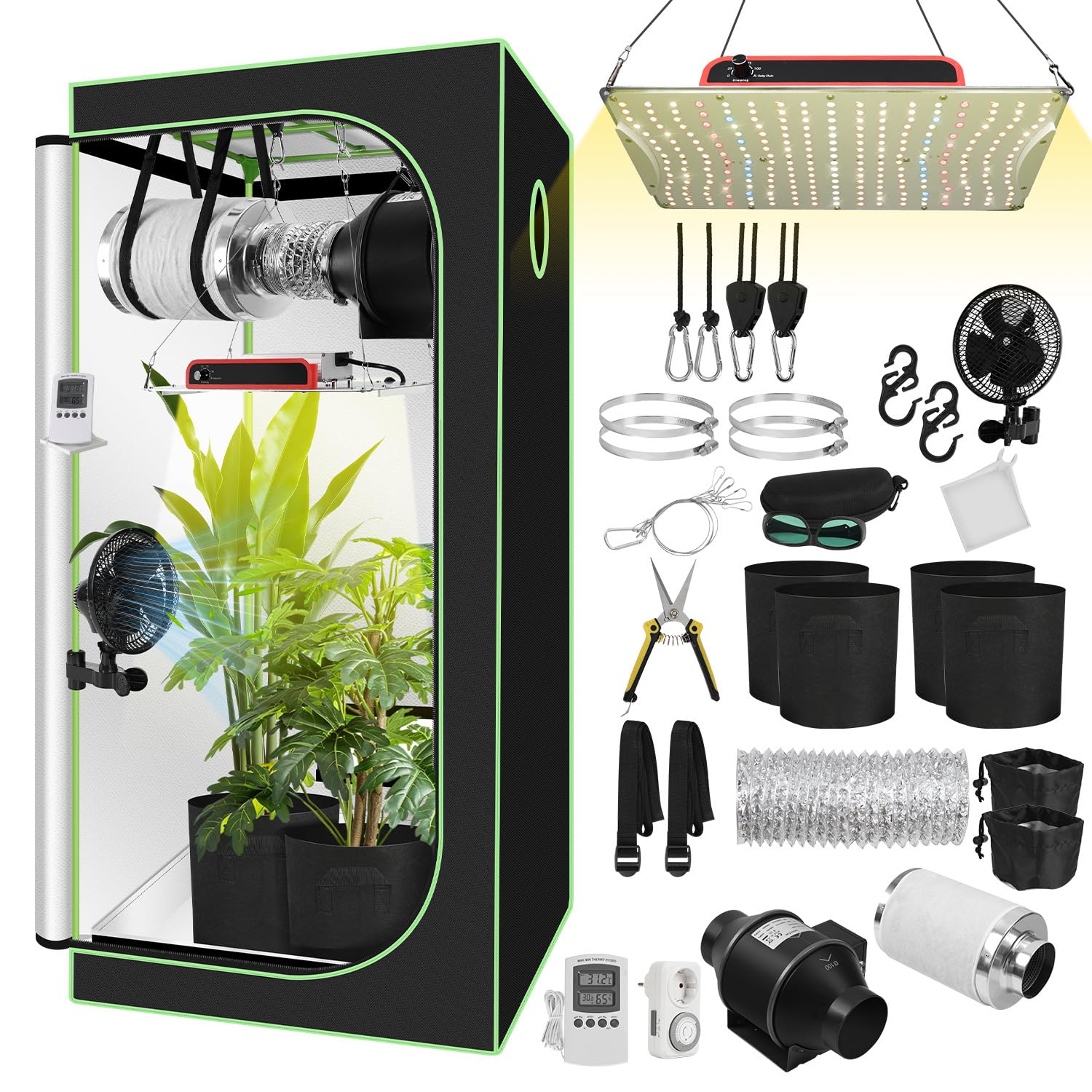 Daromigo Juego completo de tienda de campaña para cultivo, 80 x 80 x 160 cm, con lámpara LED regulable, incluye filtro de carbón activo de 4", ventilador silencioso y ventilador de tubo, para cultivo