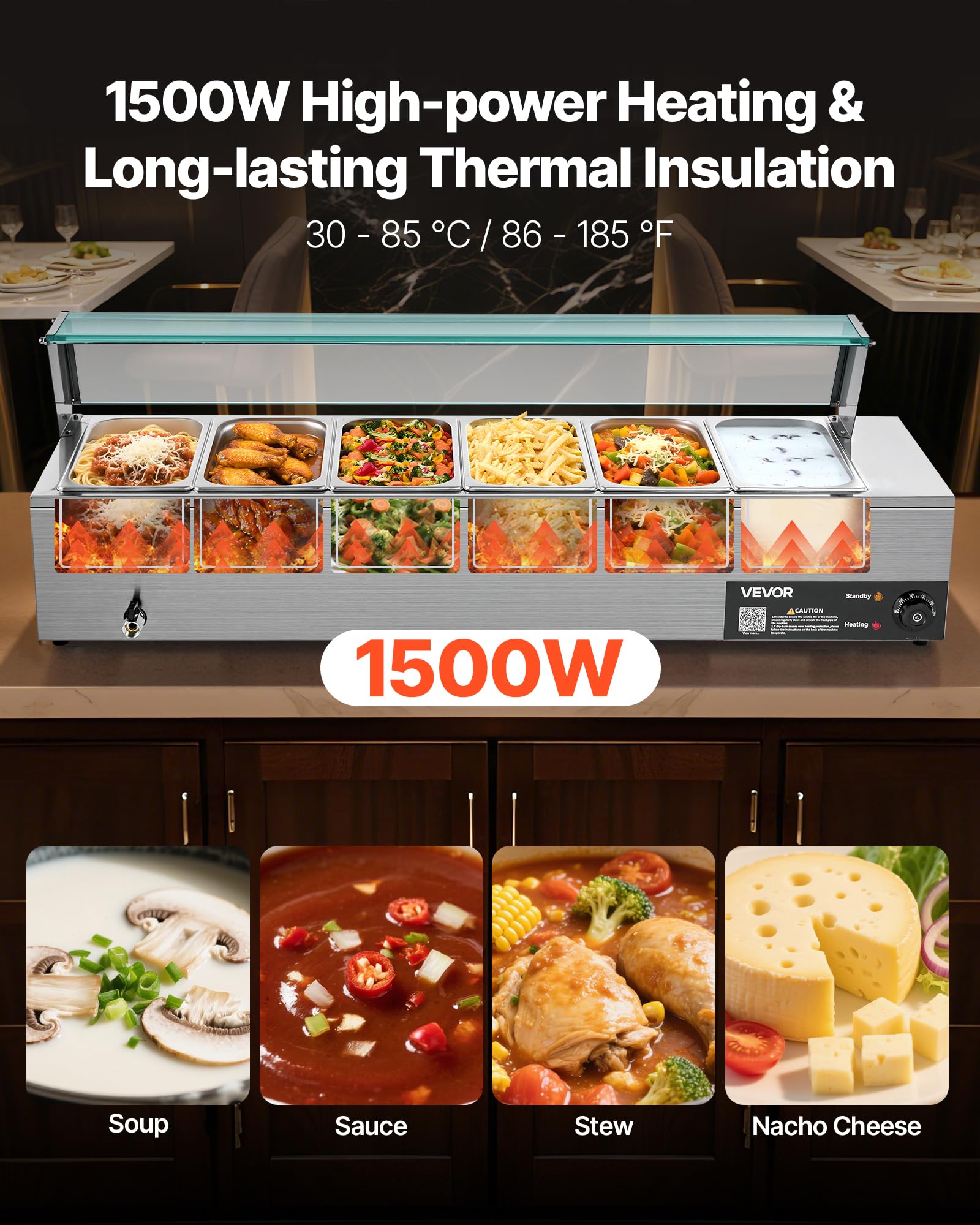VEVOR Scaldavivande Commerciale, Scaldavivande Elettrico in Acciaio Inox da 1500 W con Coperchio in Vetro, Bagnomaria da Banco a 6 Teglie da 1/3, con Zuppa e Mestoli Forati, per Ristoranti