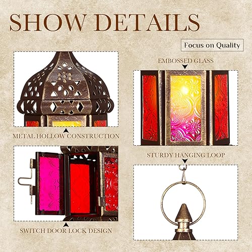 Miniatura 3 de Retisee 6 faroles marroquíes colgantes hexagonales decorativos marroquíes, portavelas colgantes para interiores y exteriores, para patio, bodas,