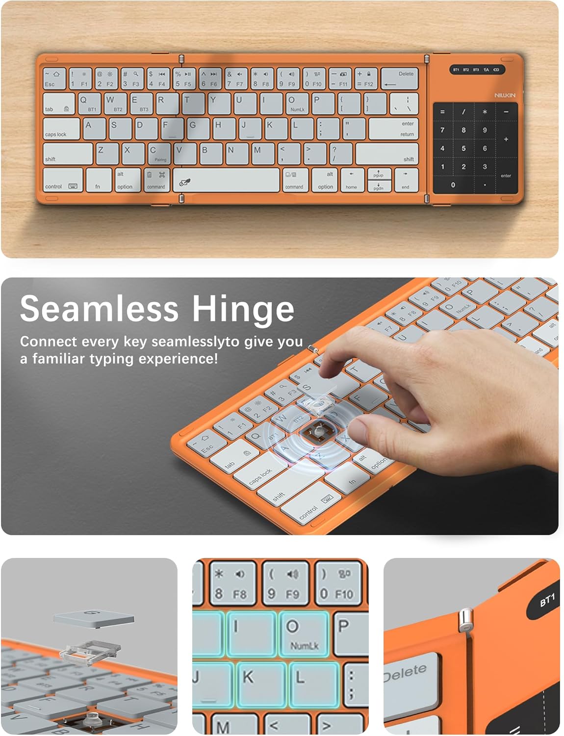 Nillkin Upgraded Foldable Bluetooth Keyboard with Touchpad & Number Pad, Portable Wireless Keyboard for Travel, Pocket-Sized, Full Size Keys, Support 3 Devices for iPad Laptop Tablets Phone, Orange