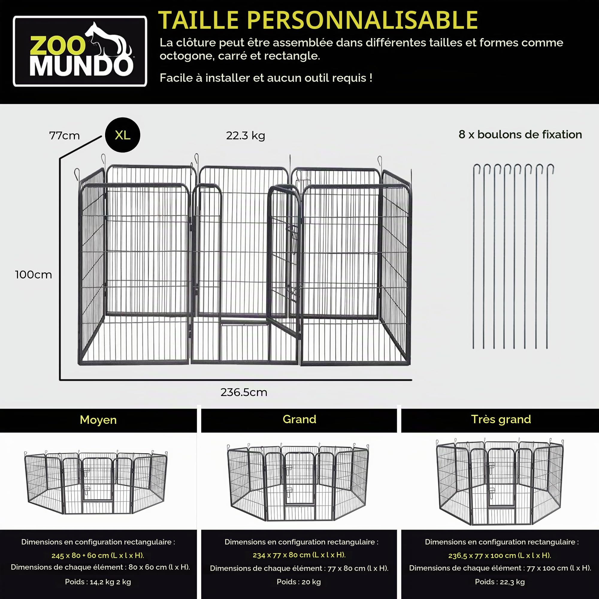 zoomundo Parc Enclos 100cm Haute pour Chiens Métal pour Chiots Animaux Grillage Rongeur Petit avec Porte 8 Panneaux - XL