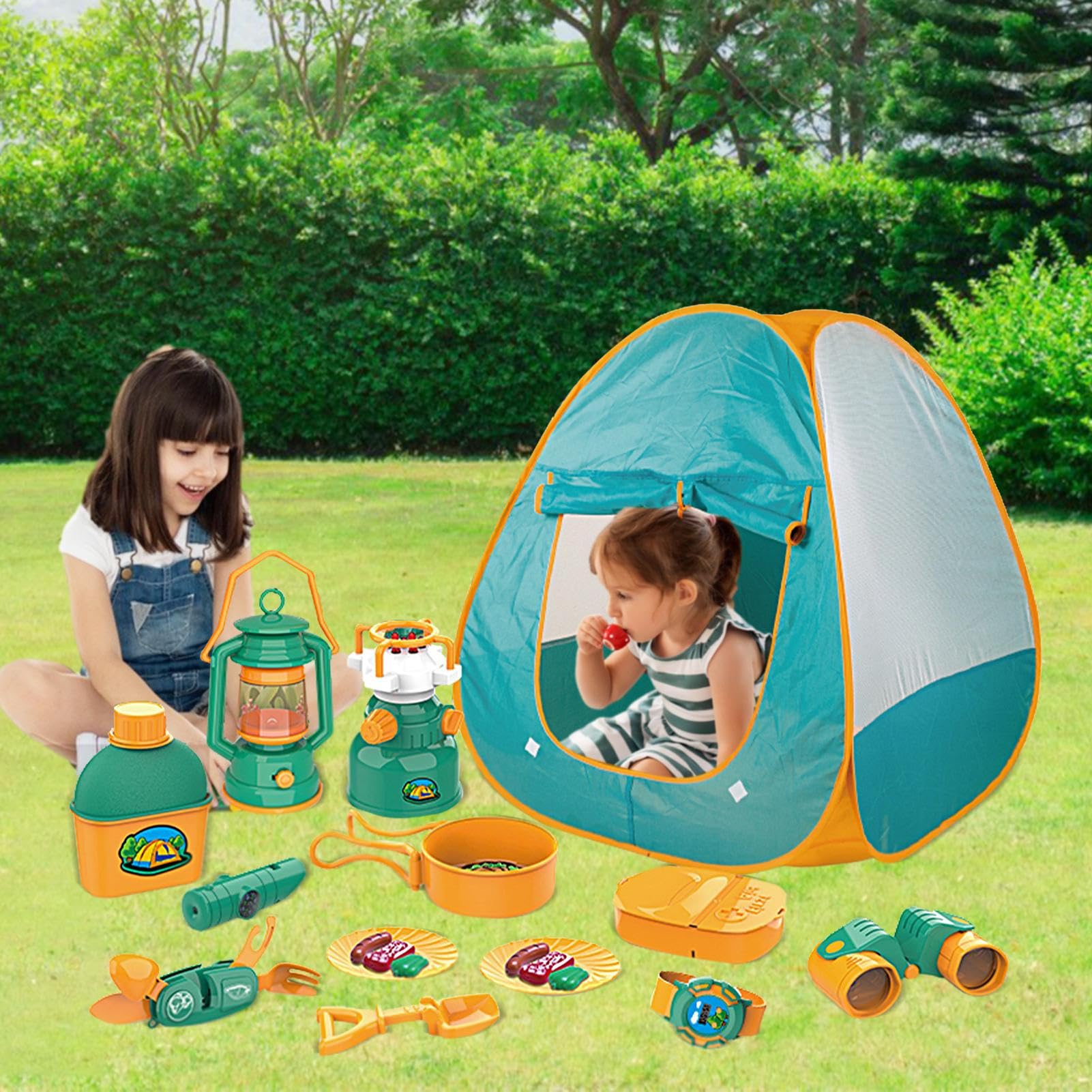 Set tenda da campeggio Giocattoli per bambini Set di 21 include tenda da, | Include tenda da campeggio per bambini, falò, lampada a olio, cibo finto per
