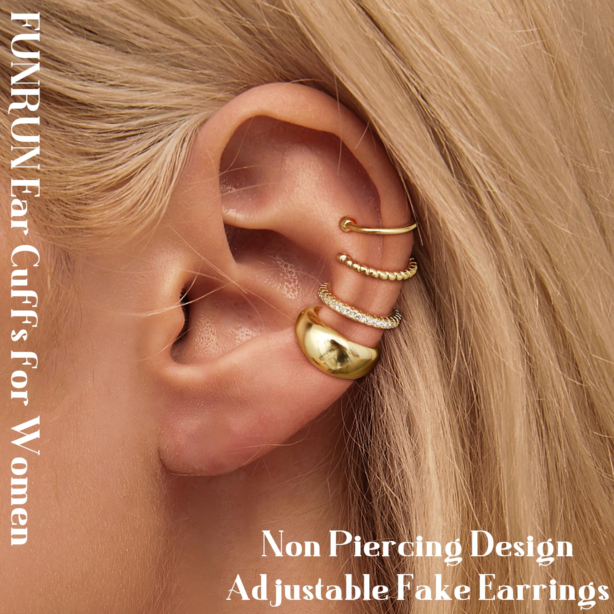 FUNRUN JEWELRY Ear Cuff Earrings for Women Non Piercing 14K Gold Plated Ear Cuffs Non Pierced Adjustable Fake Earrings 3-4PCS