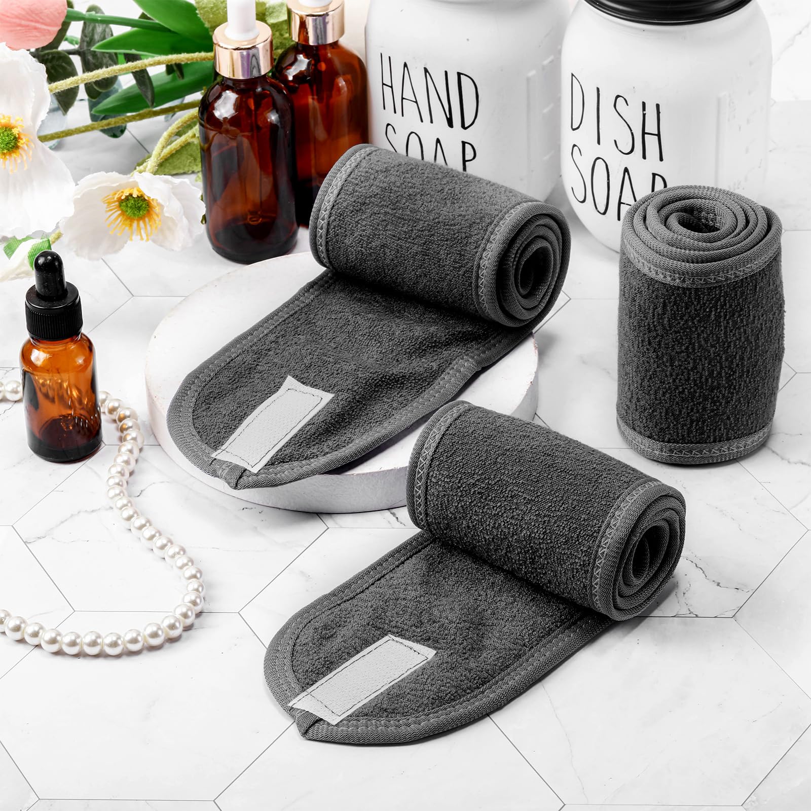 Hoteam Spa-Stirnband, Spa-Gesichts-Stirnband, Spa-Stirnband, Großpackung zum Waschen von Gesicht, Make-up, Stirnband für Dusche, Bad, Sport, verstellbares Handtuch mit Klettverschluss (Silbergrau)