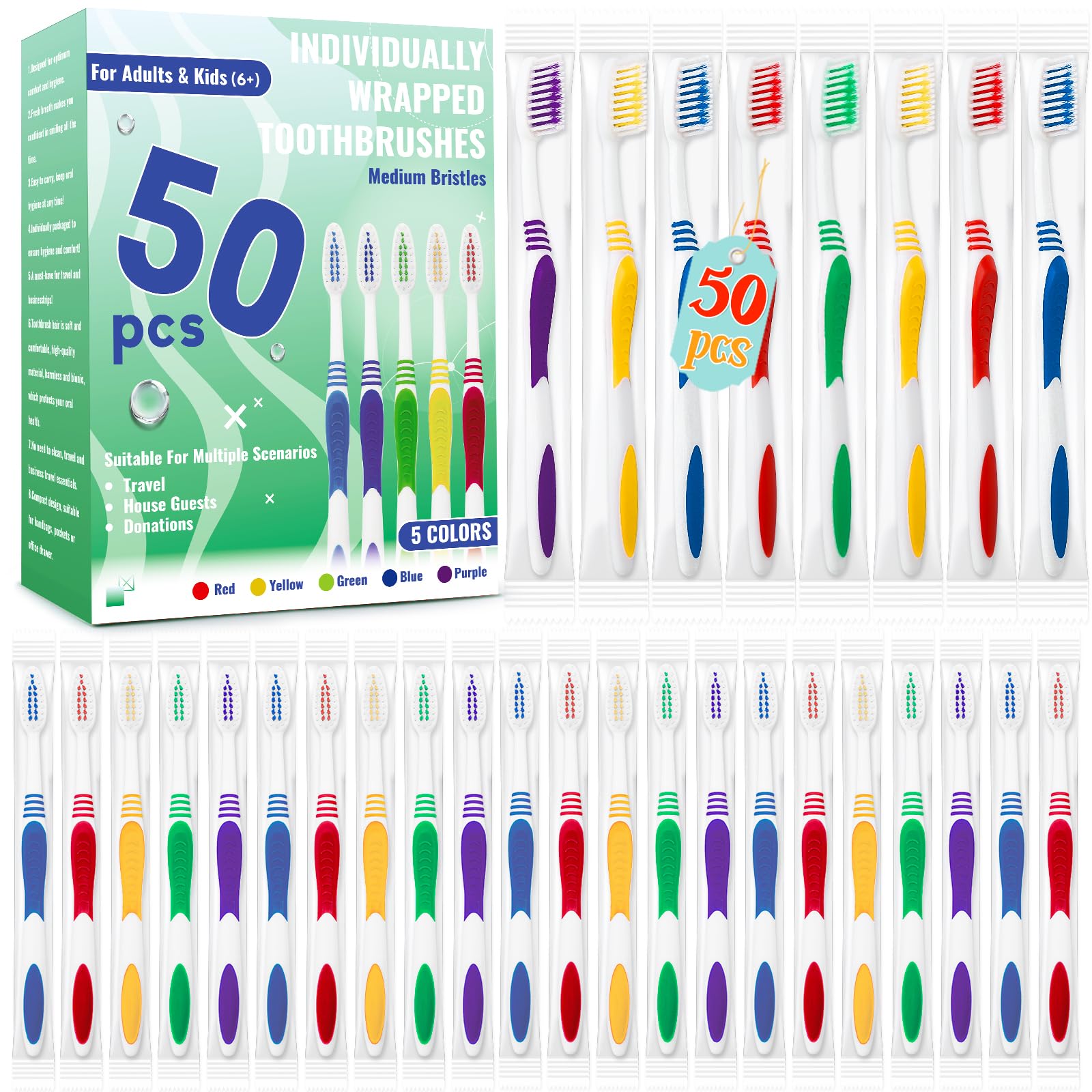 50 Pcs Toothbrush Bulk Disposable Travel Toothbrushes Pack Soft Bristle Individually Wrapped and Good Cleaning for Kids Adult