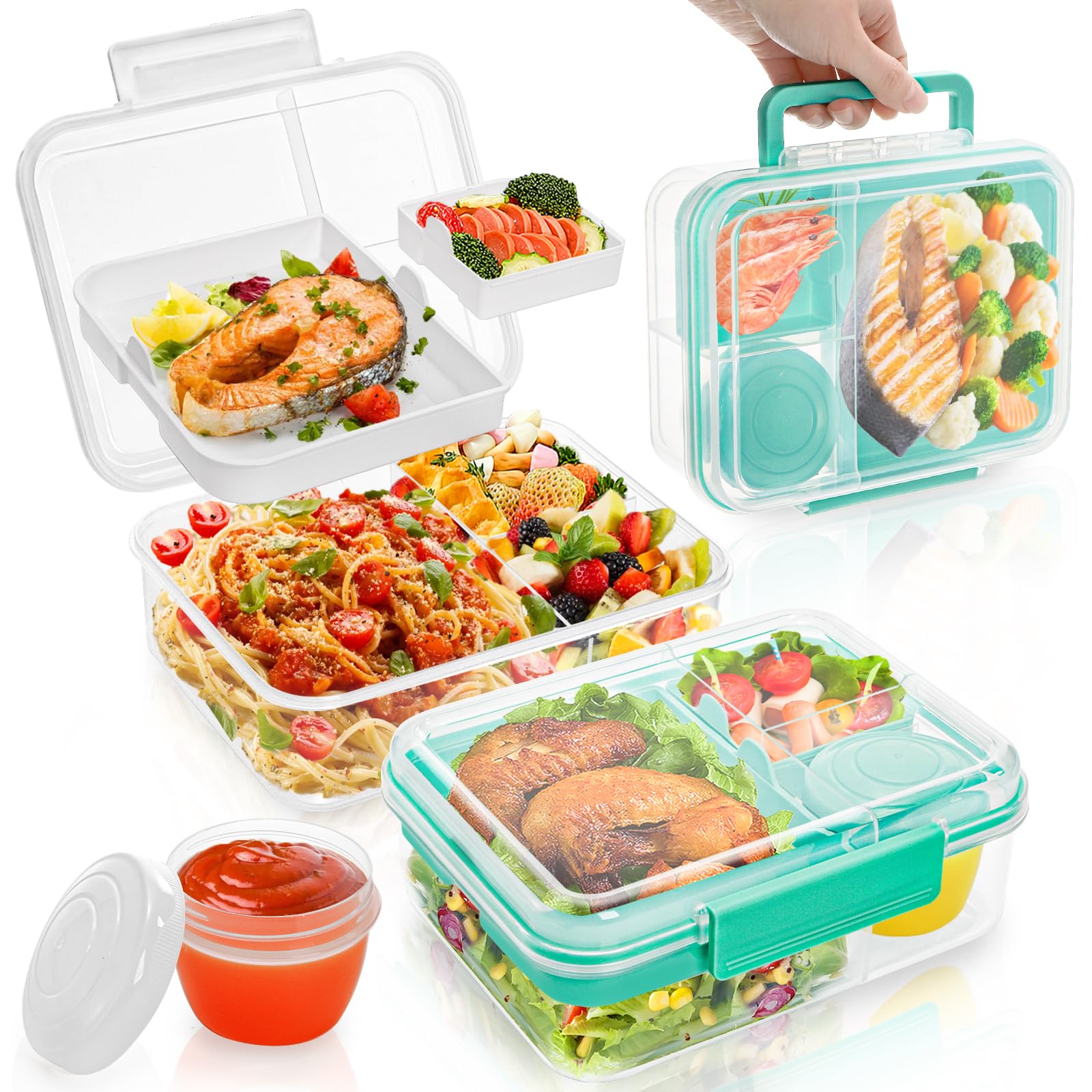 Eorbow 2 Pack Bento Box with Handle, 56Oz Leak-proof Lunch Container for Kids, 3 Compartments Salad Dressing Box with Sauce Cup, Meal Prep Container with 2 Removable Tray, Microwave&Dishwasher Safe