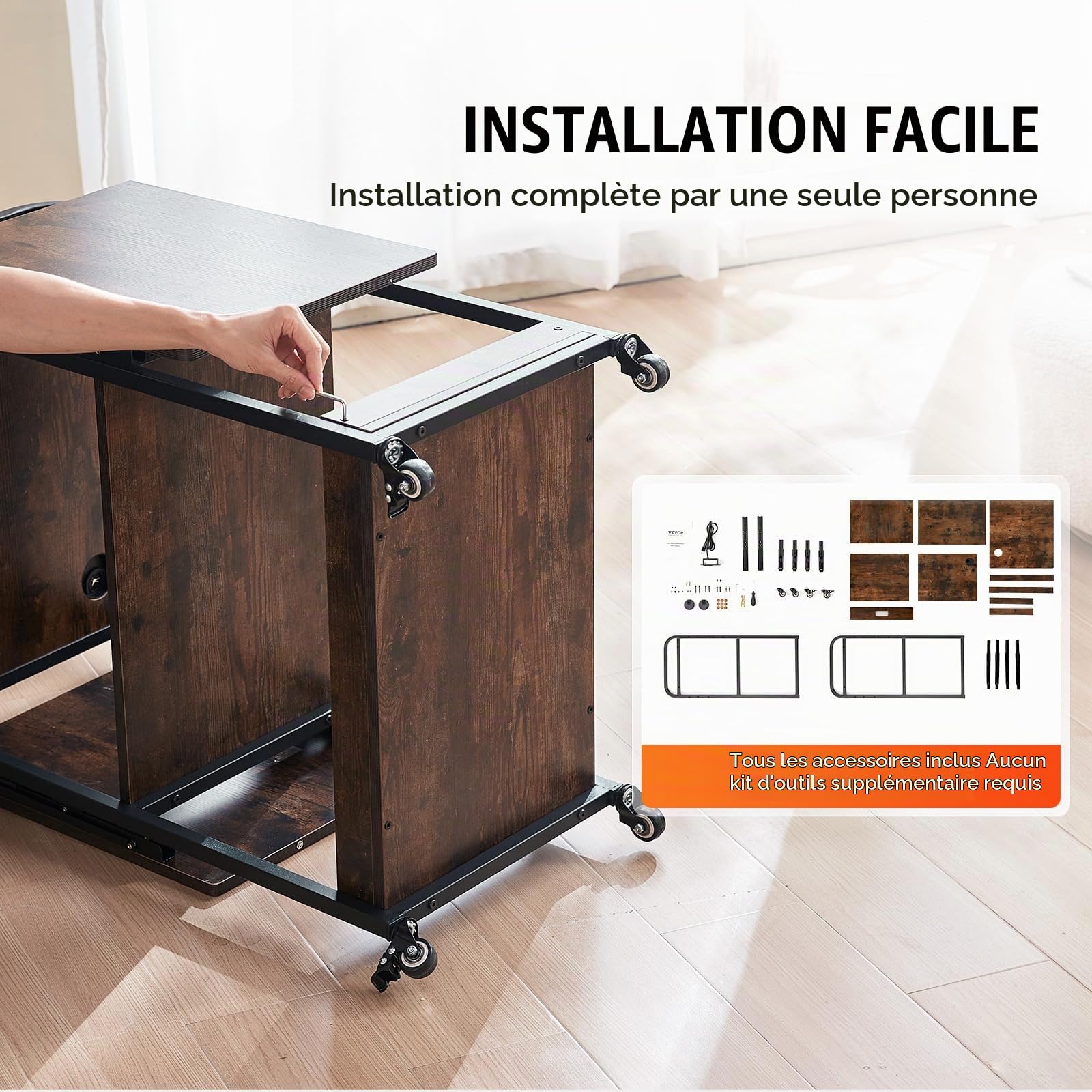 VEVOR Table de Presse à Chaud Mobile à 3 Niveaux, Support de Presse à Chaud avec Station de Charge, Établi pour Machine de Transfert de Chaleur Pliable avec Roues, Poste de Travail Atelier, Marron