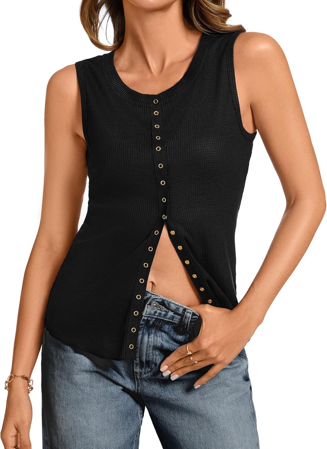 Tank Tops for Women Dressy - Waffle Knit Vest Shirts Snap Button Down Sleeveless Blouse Summer Casual Going Out Top