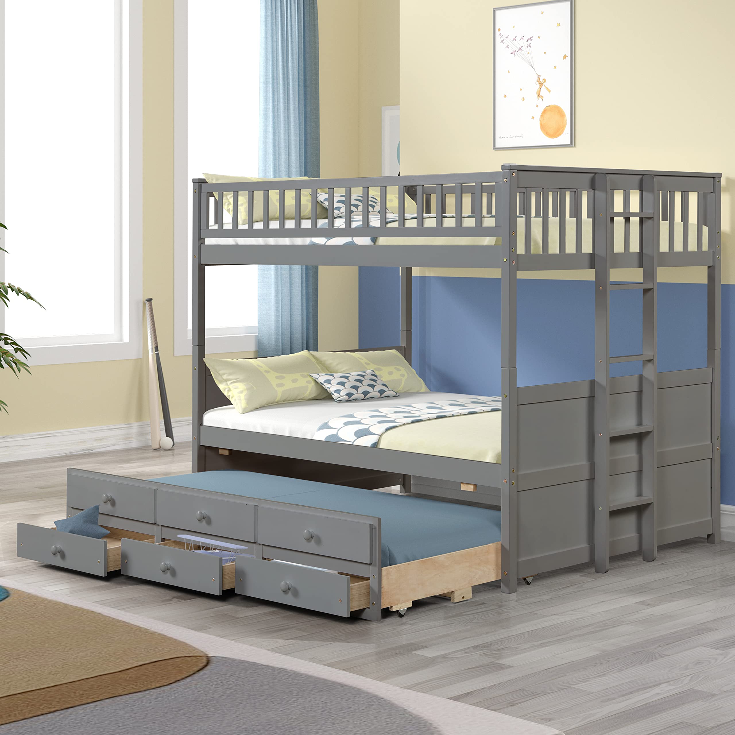 Amazon.com: Harper & Bright Designs Full Over Full Bunk Bed with Trundle and  3 Drawers, Solid Wood Platform Bed with Ladder and Guardrail, No Box Spring  Needed, Grey : Home & Kitchen
