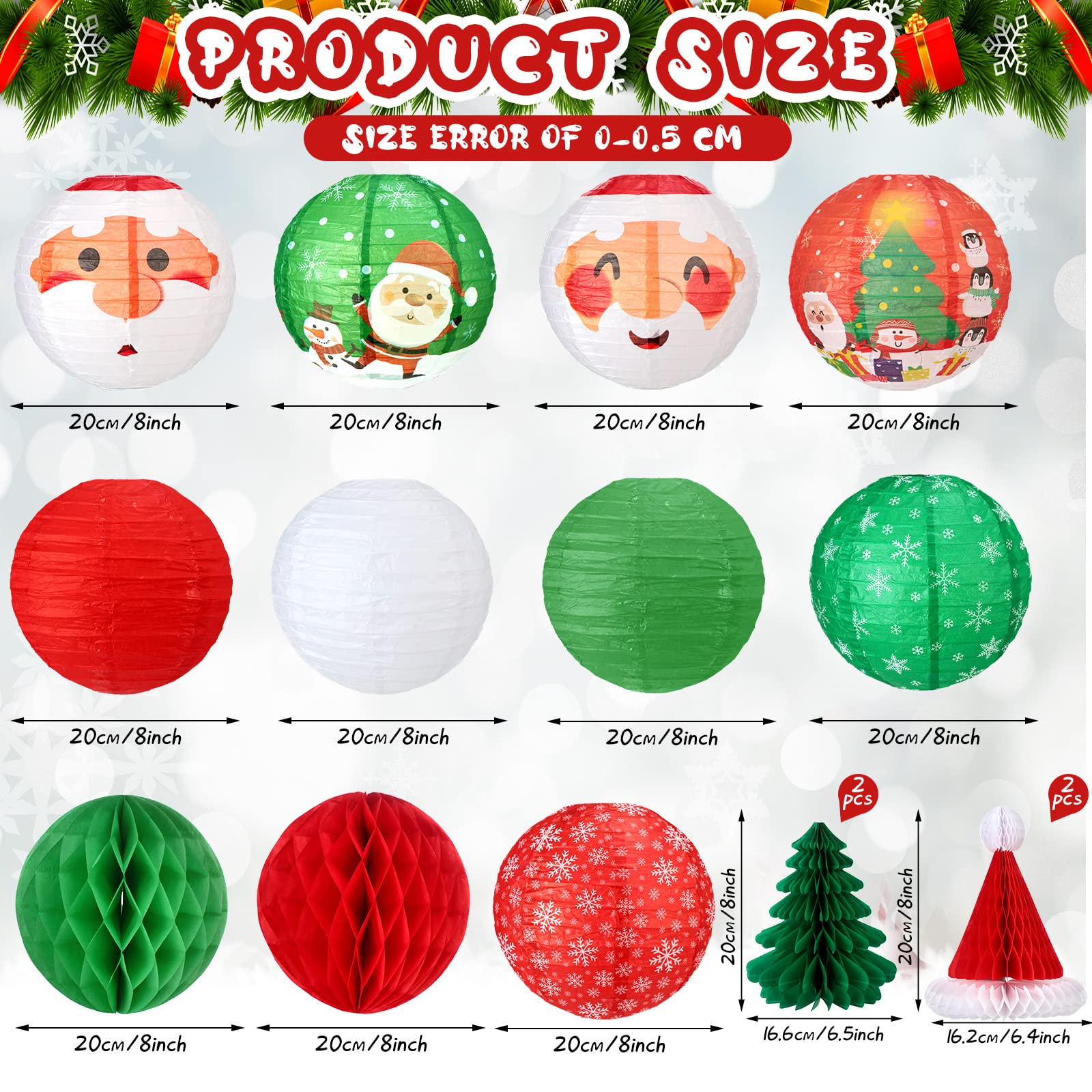 17 Pcs 3D Christmas Hanging Paper Lanterns Decorations Set for Santa Claus Paper Lantern Santa Hat Christmas Trees Honeycomb Balls Hanging Party Lanterns for Christmas Decoration Favor
