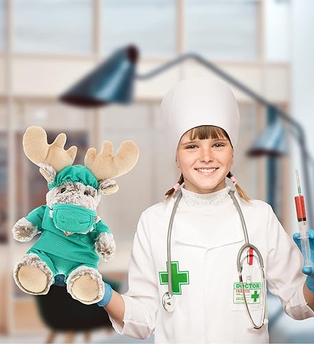 Miniatura 5 de DolliBu Juguete de peluche de doctor de alces sentados, disfraz de animal de peluche súper suave con bonito uniforme médico y traje de gorra, regalo