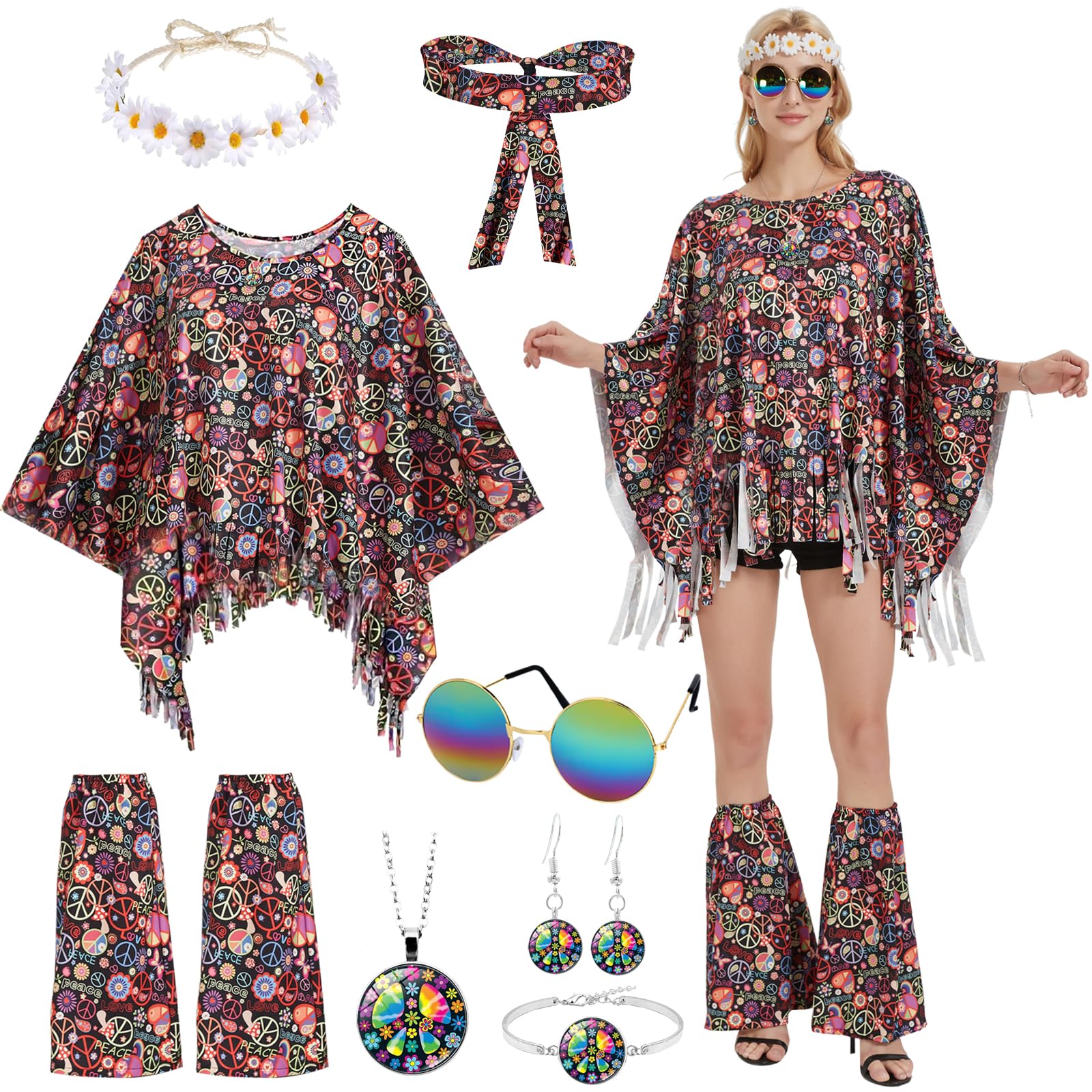 FORMIZON 7 Piezas Disfraz Hippie para Mujer, Ropa Hippie Señoras Años 60 y 70 con Poncho Hippie y Accesorios Collar, Pendientes, Gafas, Ropa Hippie Disco para Carnaval Fiesta Cosplay Halloween