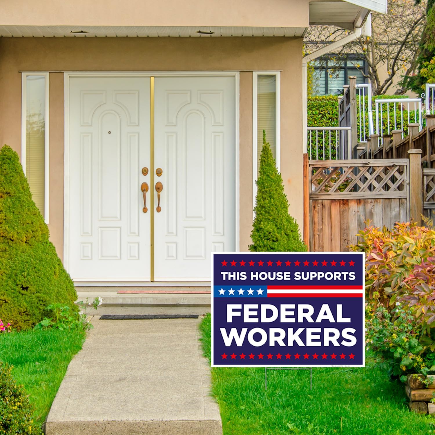 This House Support Federal Workers Blue Sign, 18x24 (3 Pack) Inches Corp Plastic Double Sided with Metal H Stake Waterproof, Outdoor Lawn Signage, Made in USA by Armo