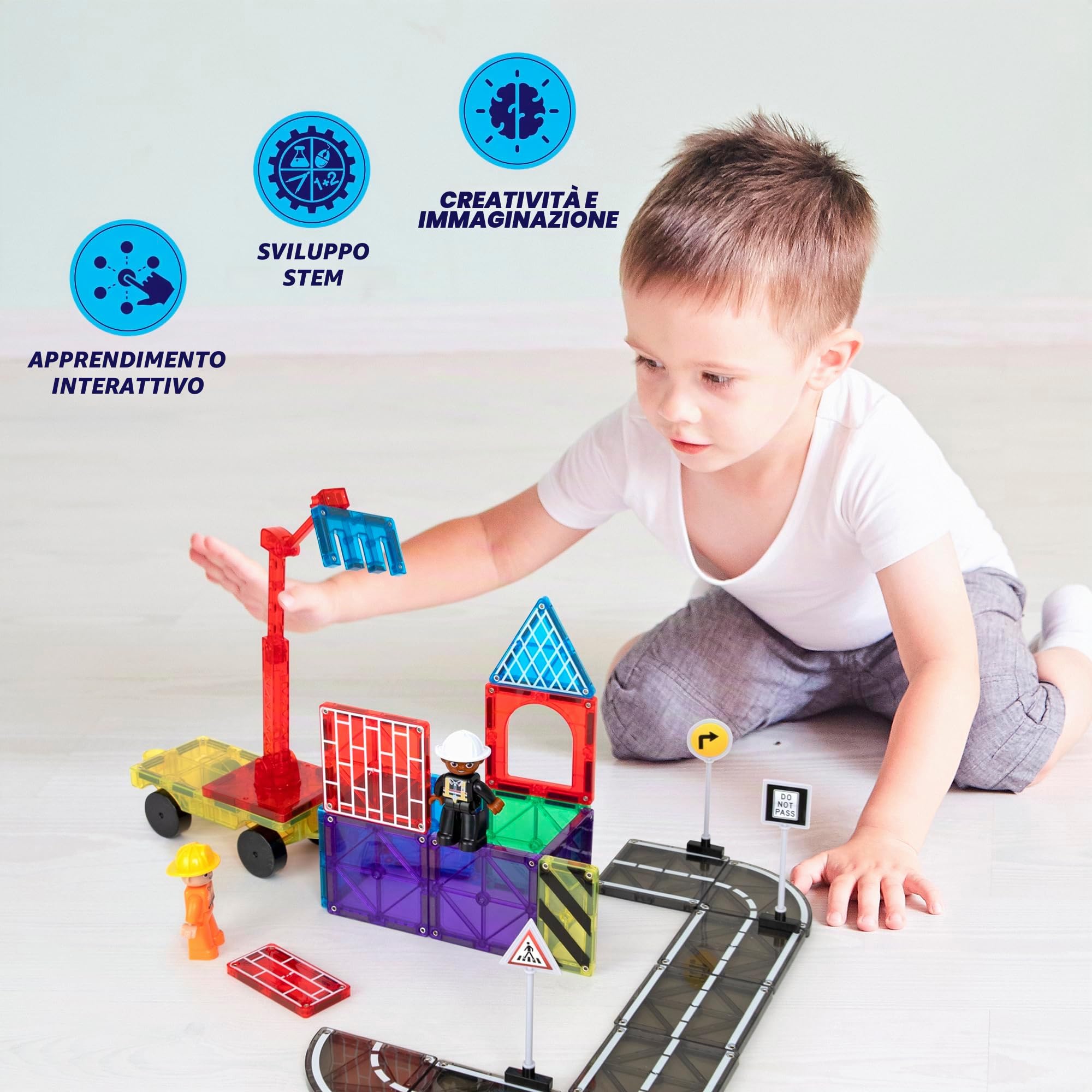 Playmags Set Di 52 Tessere Magnetiche Per La Costruzione Di Città, Blocchi Da Costruzione Con Gru E Pezzi Di Strada, Giocattoli Educativi STEM Per Bambini E Bambine Dai 3 Anni In Su.