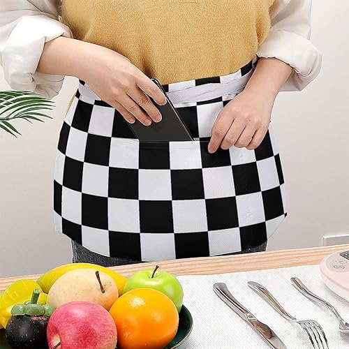 Miniatura 2 de Delantales de cintura con patrón de bandera a cuadros negros y blancos con 3 bolsillos para camarera, chef, medio delantal para mujeres y hombres,
