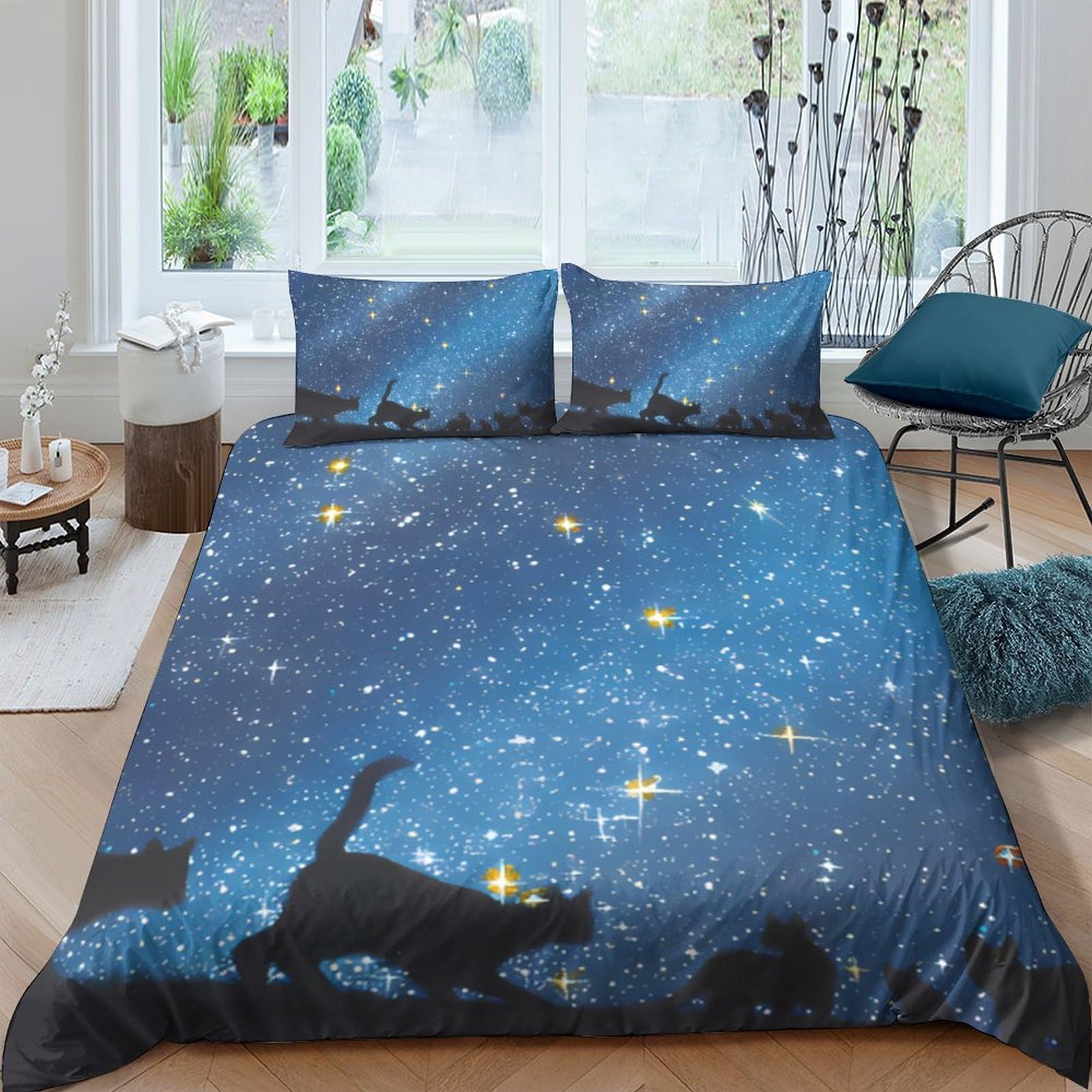 Ctjqhvkz Style-1 3D Printed Starry Sky Fitted Sheet Microfiber Soft Cat Silhouette Mattress Cover For Bedroom Dorm Decor Single（135X200cm）