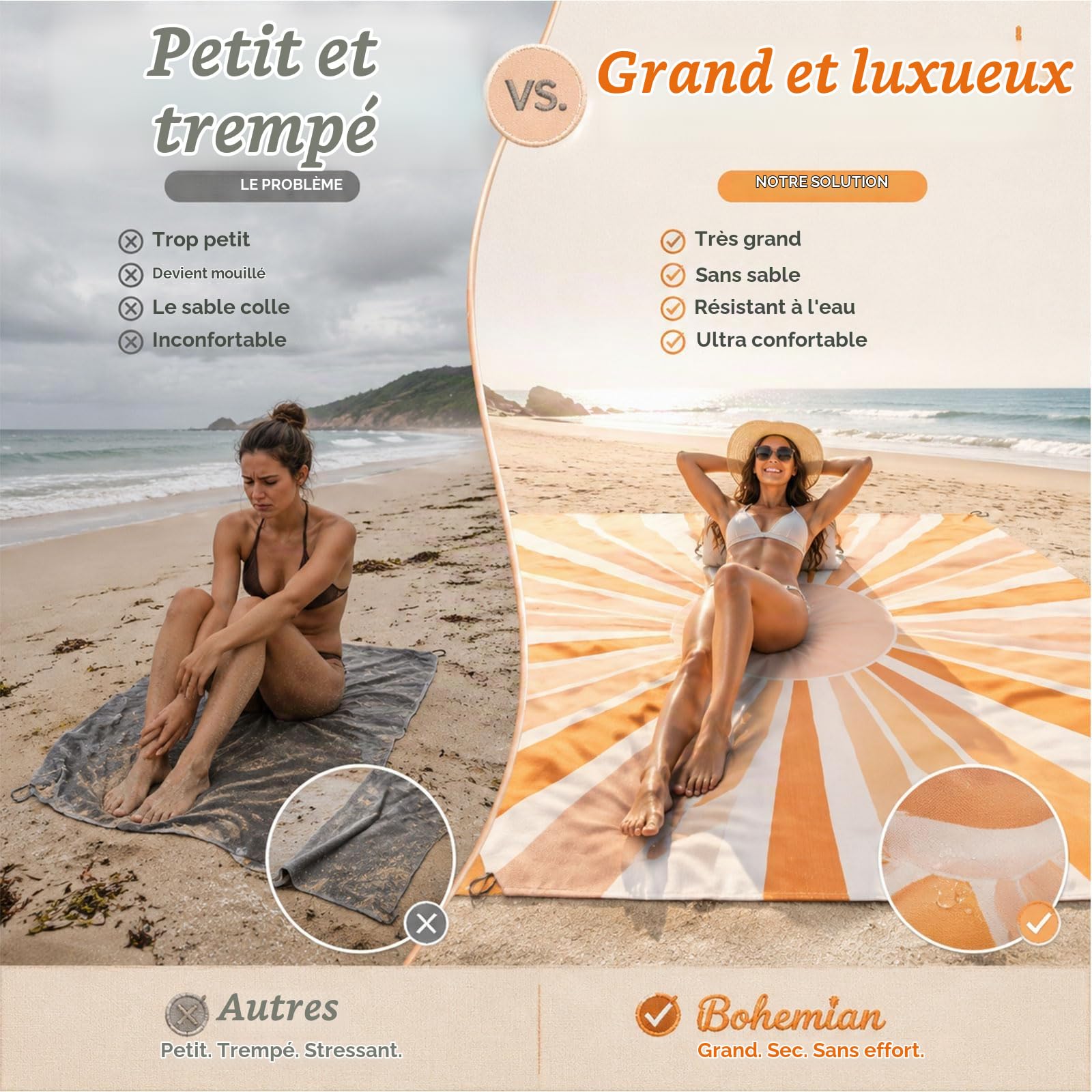 Couverture de plage imperméable et anti-sable – Grande couverture de pique-nique avec piquets de sol et sac de transport – Légère, à séchage rapide et compacte – Tapis de plage pour