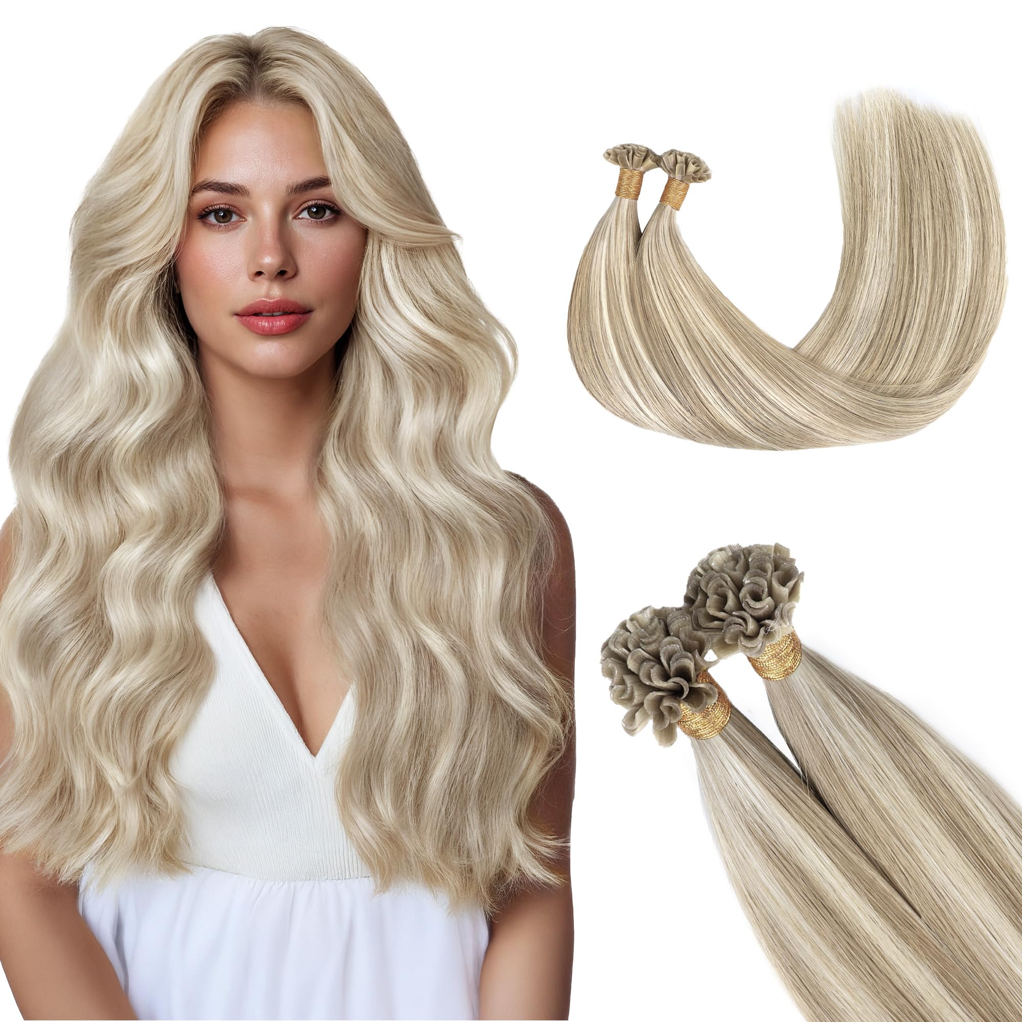 GOO GOO Bonding Extensions Echthaar, Echthaar Extensions Bondings, 50cm 50g 50 Strähnen Extensions Echthaar Bondings, U Tip Hot Fusion Keratin Haarverlängerung Echthaar, 18A/613A Golden Hellblond