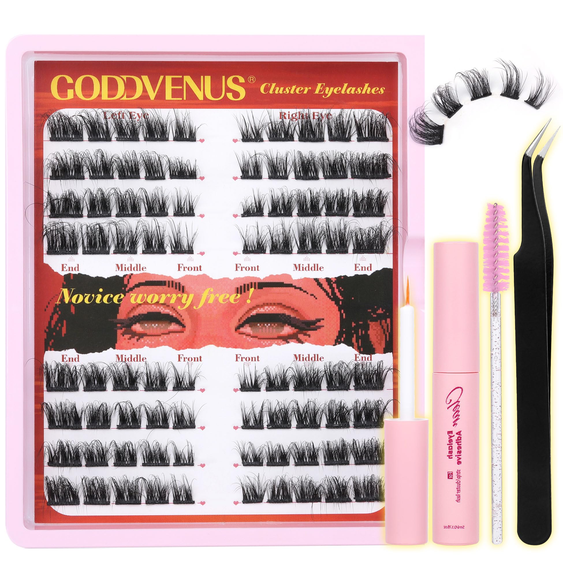 GoddvenusEyelash Extension Kit Lash Extension Kit Wispy Lash Clusters Fluffy Eyelashes Cluster D Curl Lashes Individual Cluster DIY Individual Eyelashes with Glue and Lash Tweezers
