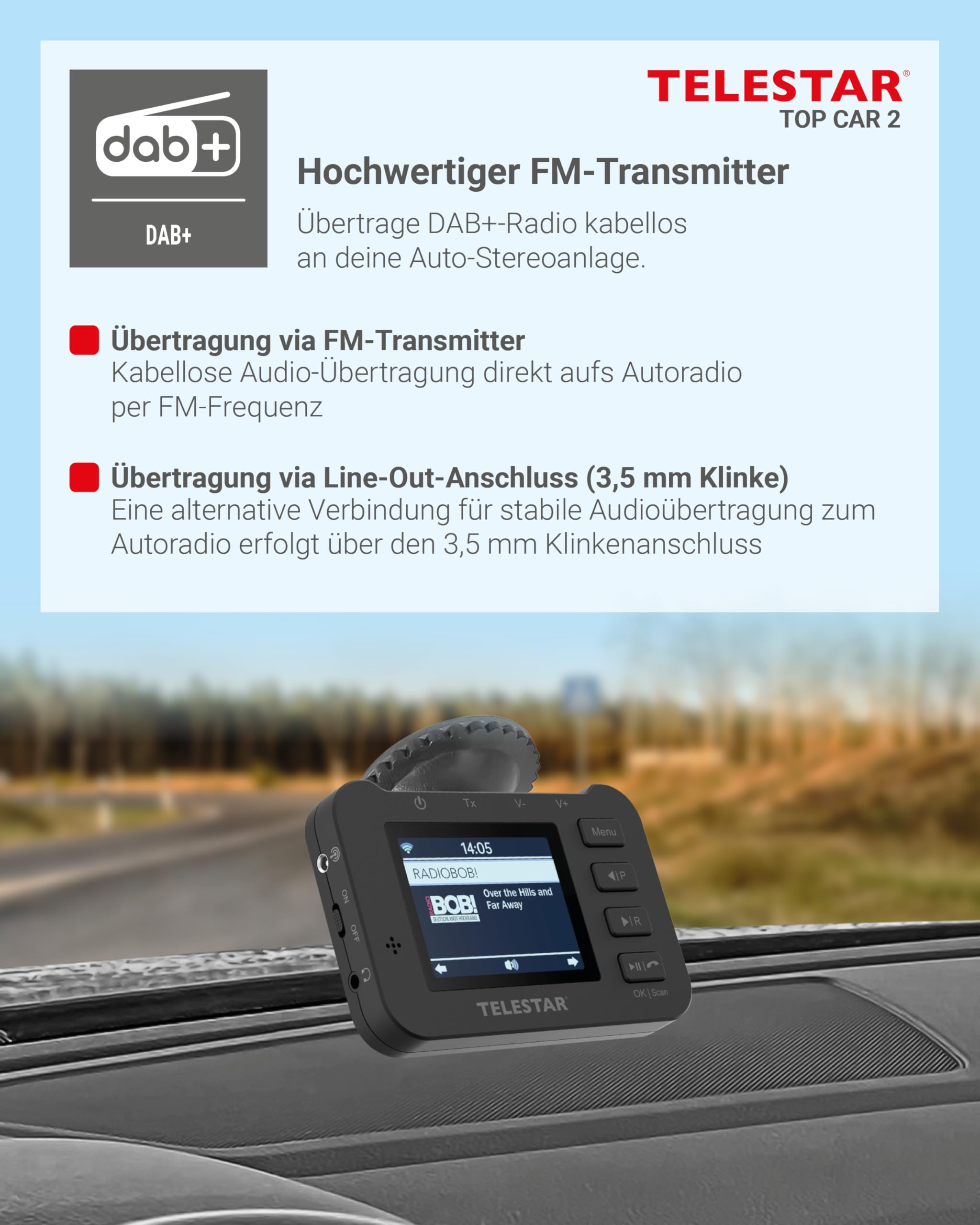 TELESTAR TOP CAR 2 – DAB+ Adapter für Autoradios, Akku – Schwarz | FM-Transmitter, Line-Out-Anschluss, Farbdisplay, Bluetooth Audio Streaming, Freisprecheinrichtung, microSD