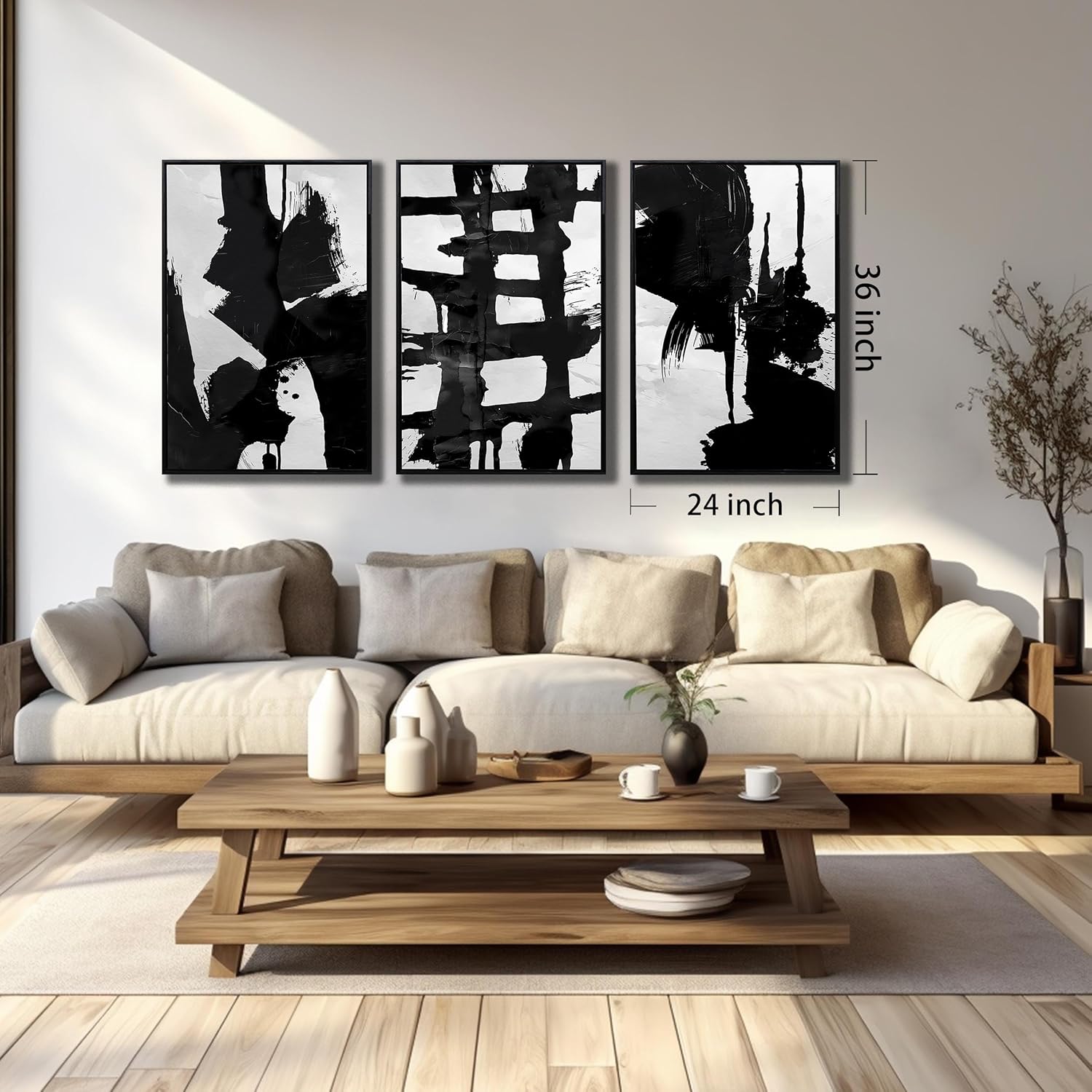 Black Framed Wall Decor for Office Large Boho Pictures for Living Room 3 Piece Artwork for Walls Bedroom Size 24 x 36 Inch