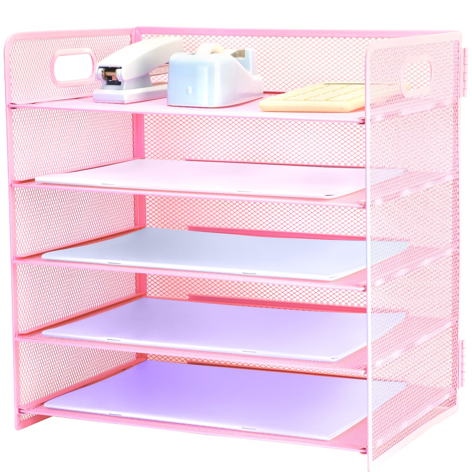 Iougdsec Pink Paper Letter Tray With Handle, 5 Tier Metal Mesh Desk File Organizer, A4 Paper Desktop Filing Trays, Desk Tidy Magazine Document Holder For Home Office,