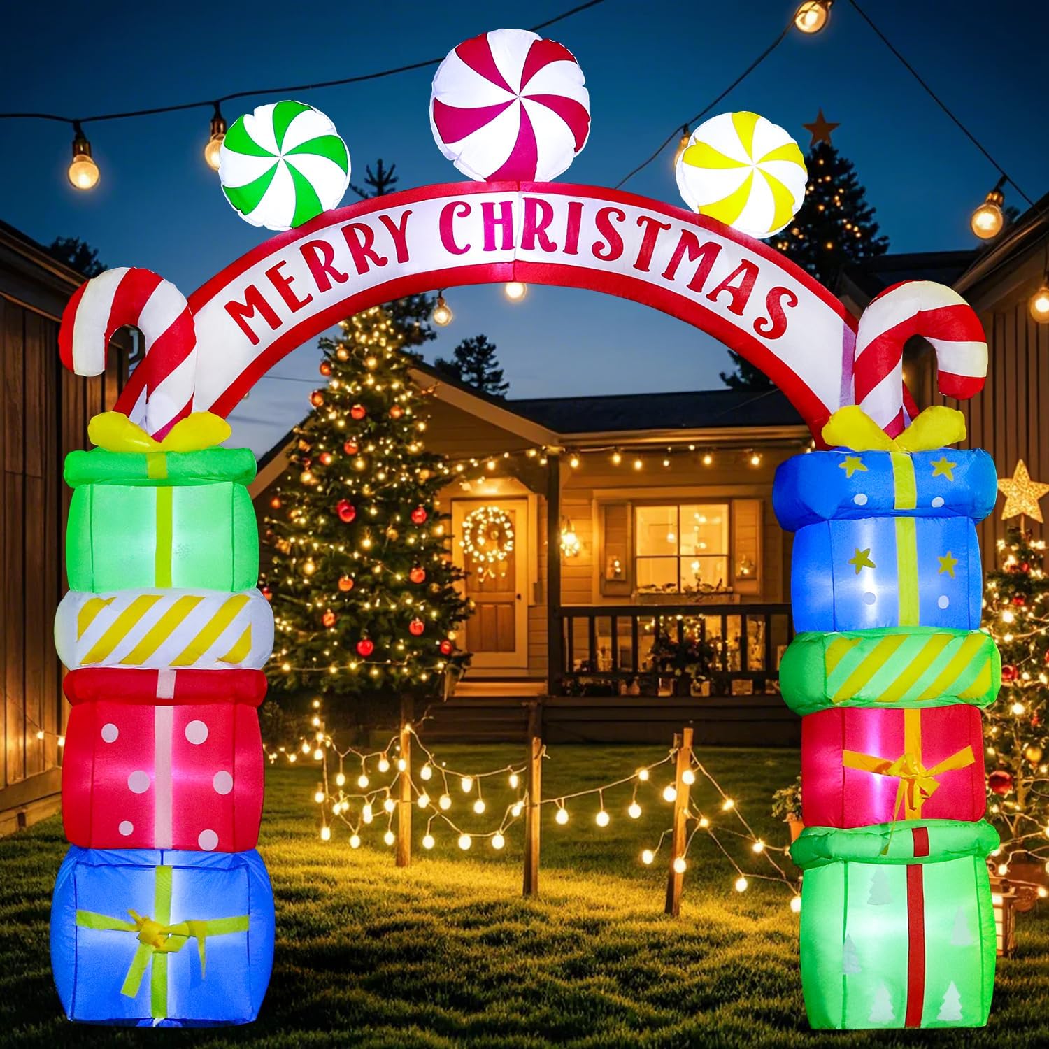 DomKom 8FT Christmas Inflatables Arch Gift Boxes with Candy, Blow Up Decoration Archway Outdoor Inflatable Decoration, Built-in LEDs for Holiday Party, Garden, Lawn, Yard, Patio, Indoor, Outdoor
