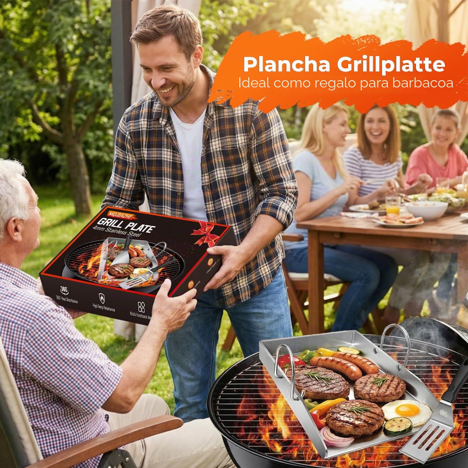 plancha para barbacoa de 40 x 30 cm con perforación, plancha acero inoxidable de 4 mm de grosor, Incluye espátula para barbacoa y mango resistente al calor y no se deforma