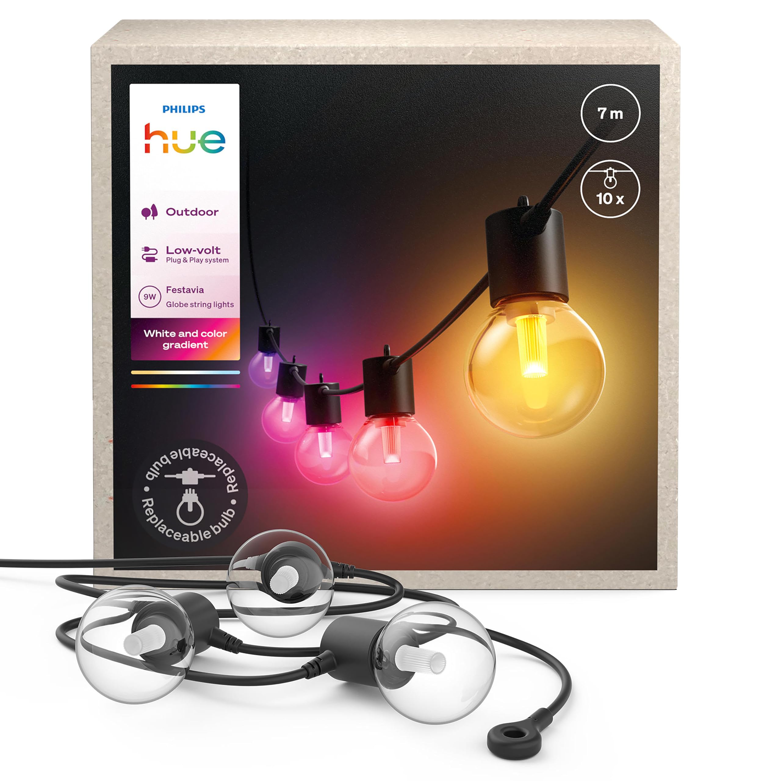 Philips Hue Festavia Globe - Guirnalda de luces para exteriores, ambiente blanco y de color, 7 m, 10 bombillas, regulable, control con aplicación Hue, funciona con Alexa, Google Assistant y Apple Home