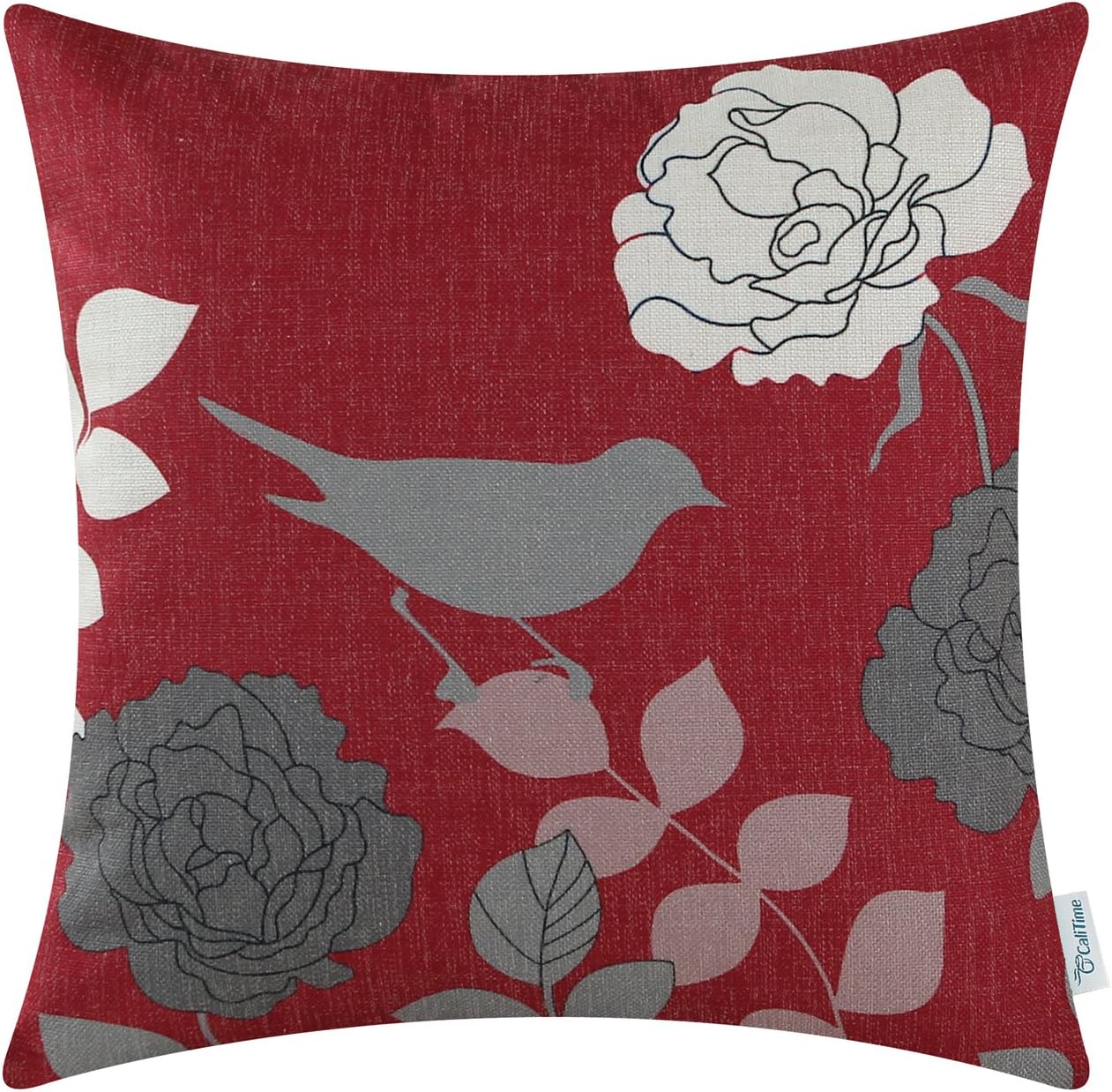CaliTime Canvas Throw Pillow Cover Case for Couch Sofa Home Decoration Floral Cartoon Shadow Bird Silhouette 18 X 18 Inches Burgundy Ground Grey Bird