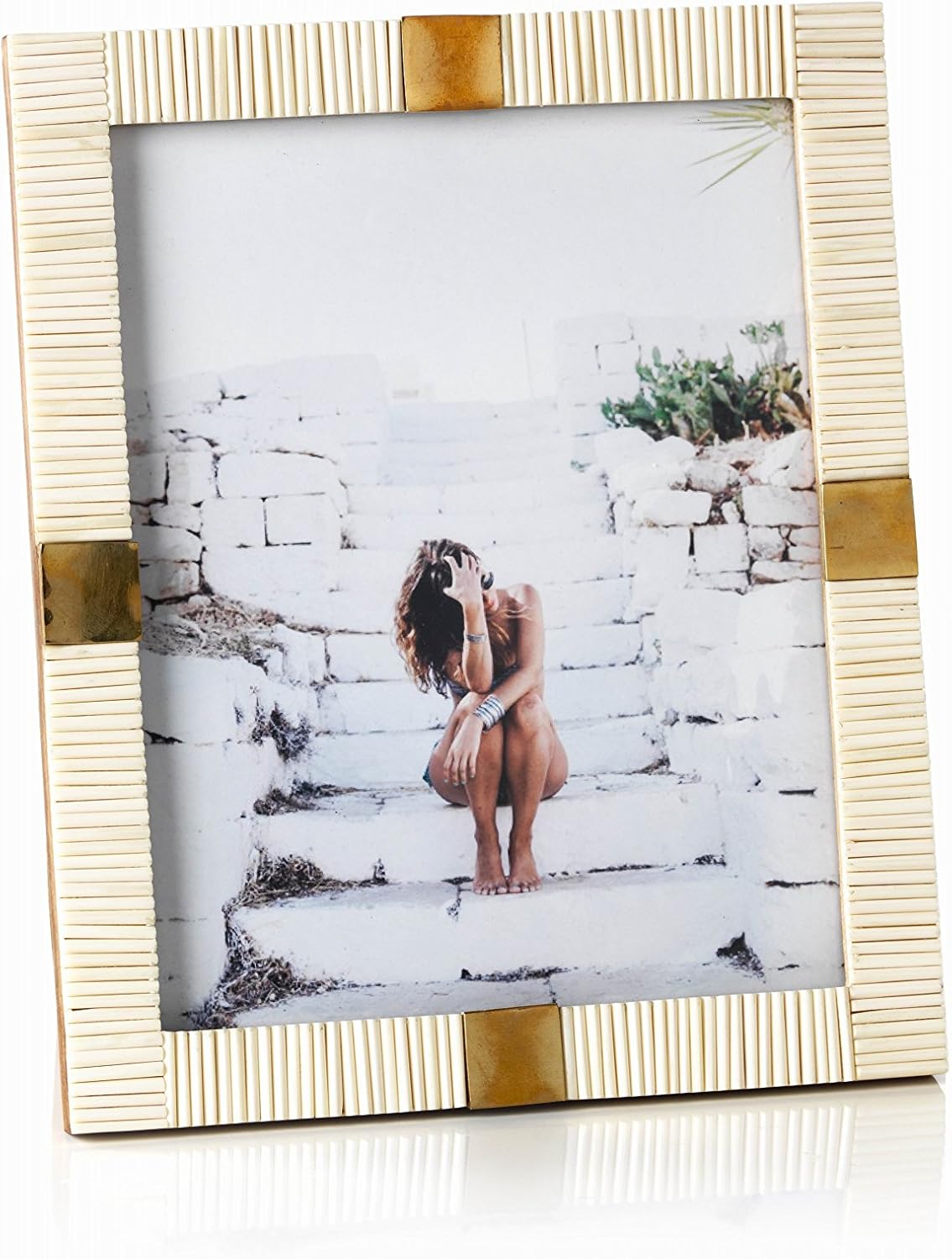 Zodax Maha Black or White Bone with Brass Trim Photo Frames (White, 8x10)