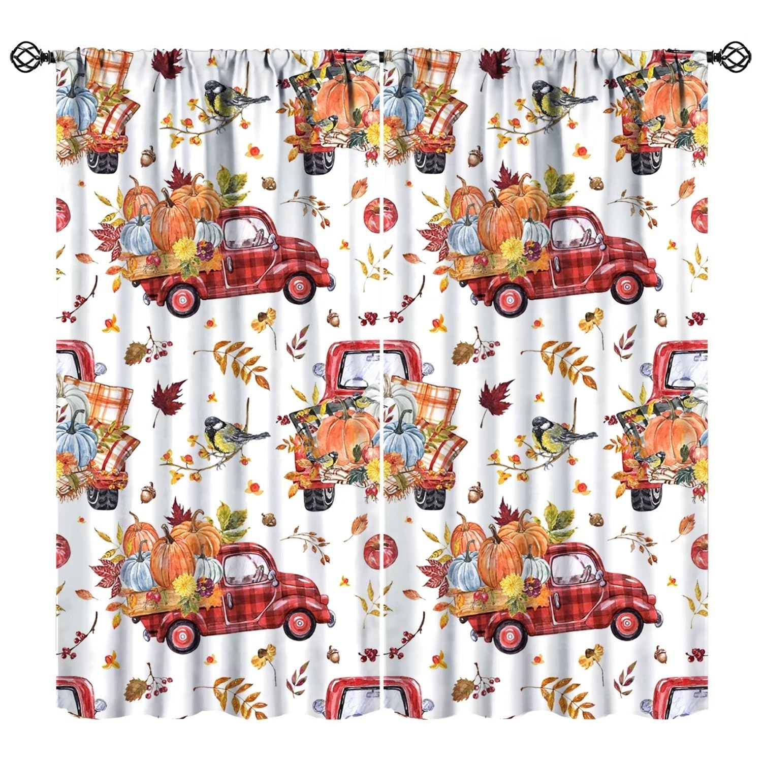 Thanksgiving Curtains,Autumn Pumpkins Truck Maple Leaves Farmhouse Decor Blackout Rod Pocket Window Drapes for Living Room Bedroom Kitchen Bathroom W84xL84in