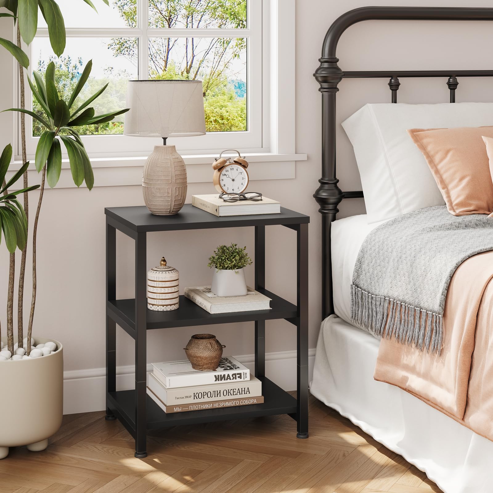 Dripex 3 Tier Black End Table, Wooden Small Bedside Table with Metal Frame
