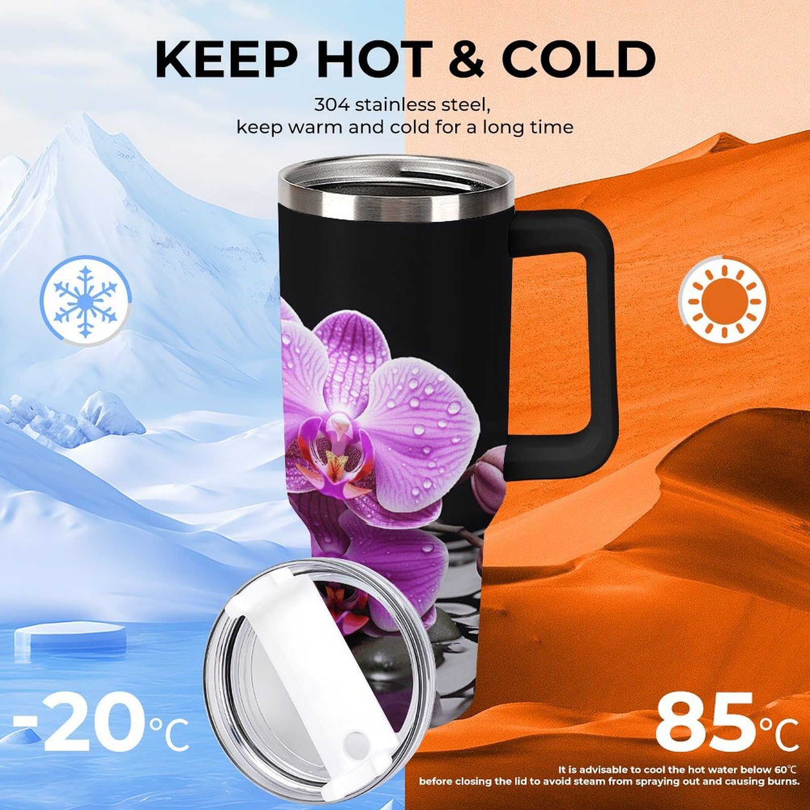 Violette Orchideen-Becher mit Strohhalm und Griff, doppelwandige Vakuumisolierung, Wasserflaschen für Eiskaffee, Tee, heiße und kalte Getränke