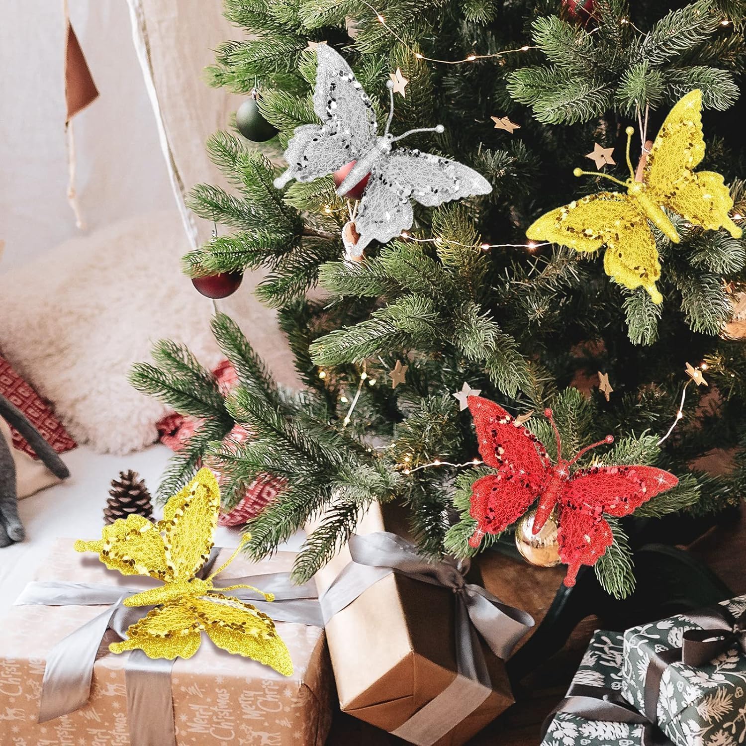 Butterfly Ornament with Clip Glitter, Butterfly Christmas Ornament for Holiday, Decorative Hanging Ornaments for Home, Butterfly Gifts for Women, Wedding, Christmas Wreath & Party 6-Pack Red