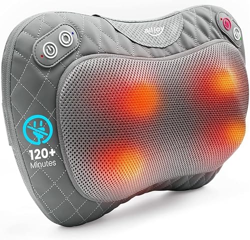 ALLJOY Masajeador Shiatsu inalámbrico de cuello y espalda con calor relajante, almohada de masaje 3D recargable para aliviar el dolor muscular, uso
