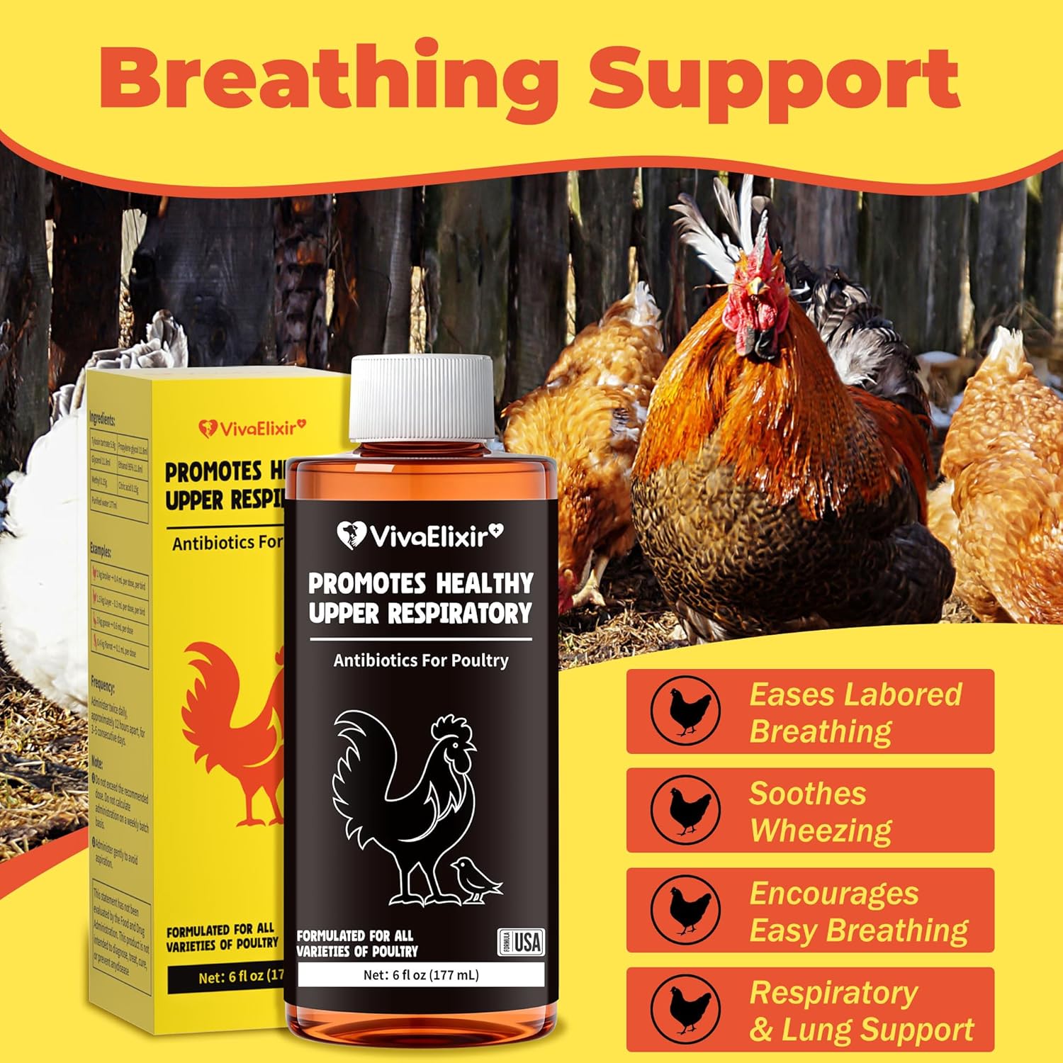 Respiratory Aid for Poultry - Chicken Supplement - Drinking Water Additive - Supports Respiratory Health in Roosters - Suitable for All Birds - 6 oz Dropper - Made in USA