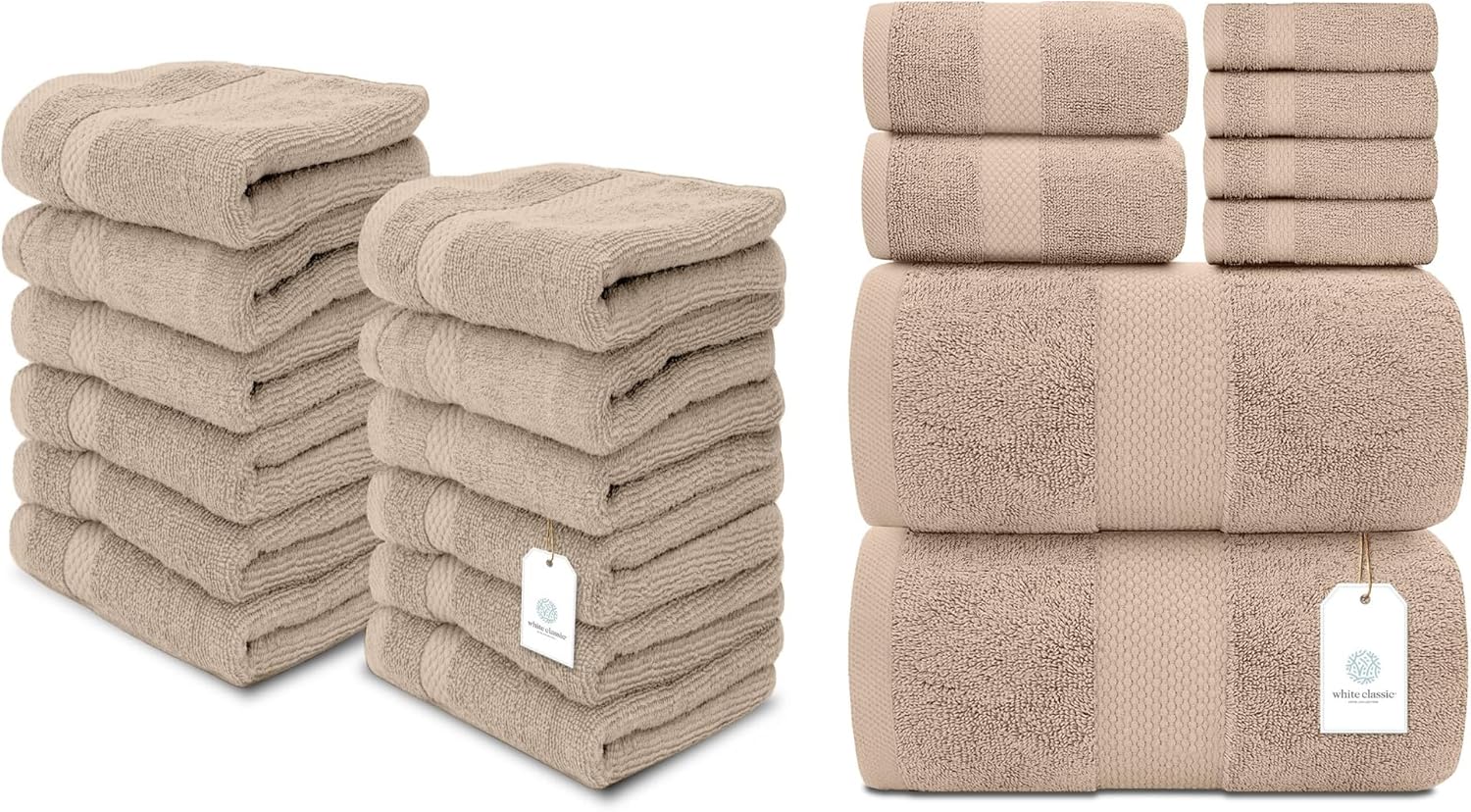 White Classic 12 Luxury Taupe Washcloths 13 x 13 and Taupe 8 Piece Bath Towel Set | 2 Bath Towels | 2 Hand Towels | 4 Washcloths Cotton, Highly Absorbent and Quick Dry for Hotels and Spa