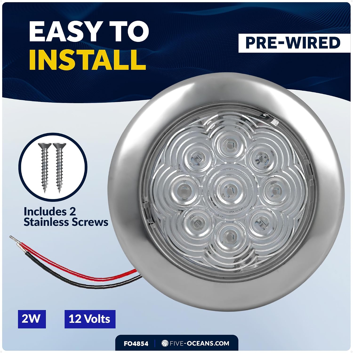 Five Oceans LED Dome Ceiling Light, 3-3/4" Slim Round, Warm White, 12V, IP65 Waterproof, Interior Lights for RVs, Boats, Caravan - FO4854